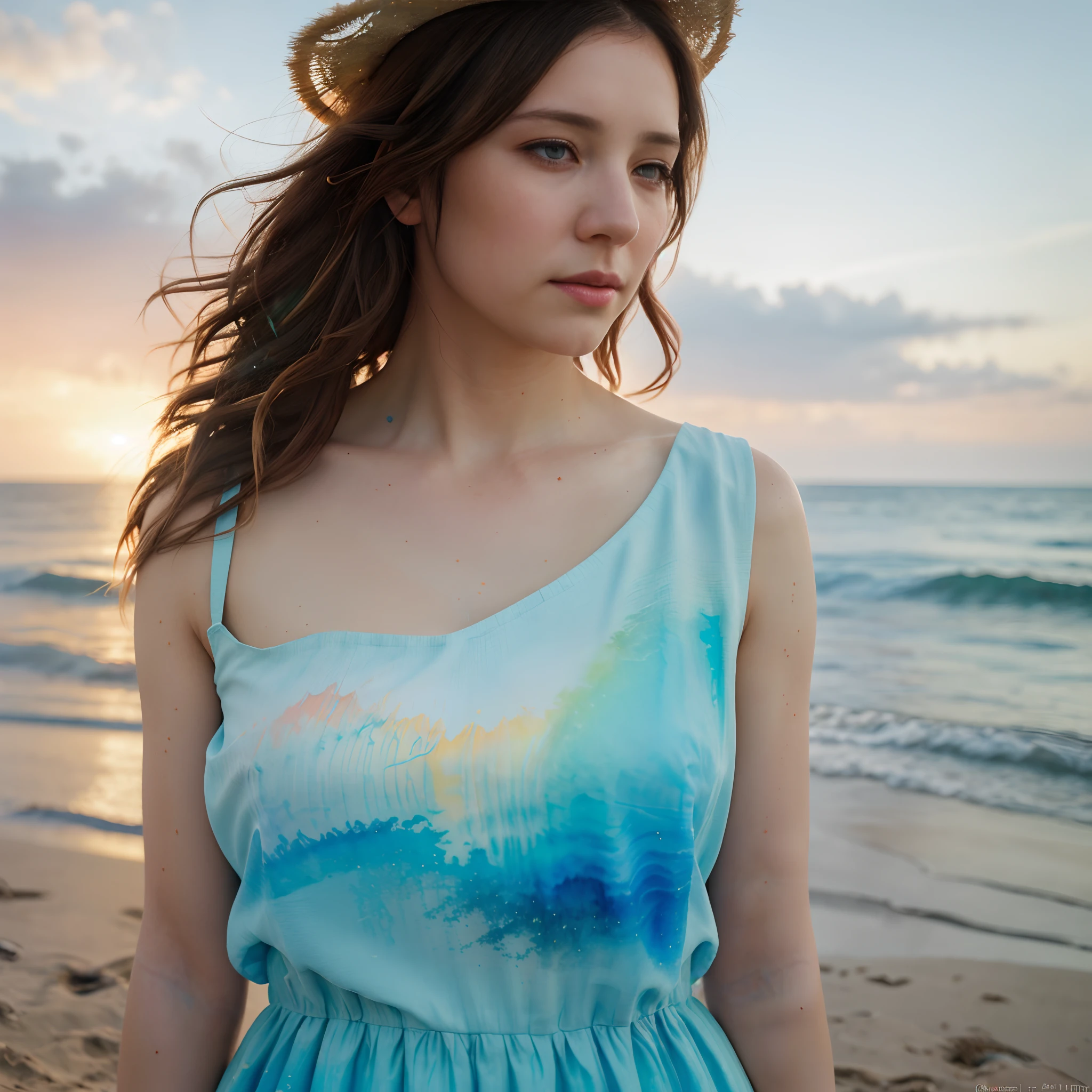 high quality, 8K Ultra HD, masterpiece, Watercolor, wash technique, colorful, A painting with dripping and scattered paint, blurry, pale touch, smudged outline, like a fairy tale, soft touch, summer sky, detailed clouds, back view of woman, country town, Her hair is gently swaying in the breeze, straw hat, full body, sunset, Ocean, pale blue dress, brown hair, luminism, three dimensional effect, enhanced beauty, Albert Anker, Painting like Agnes Cecile, Greg Rutkowski, Artgerm, WLOP, Alphonse Beeple, luminism, 3d render, octane render, Isometric, by yukisakura, awesome full color,