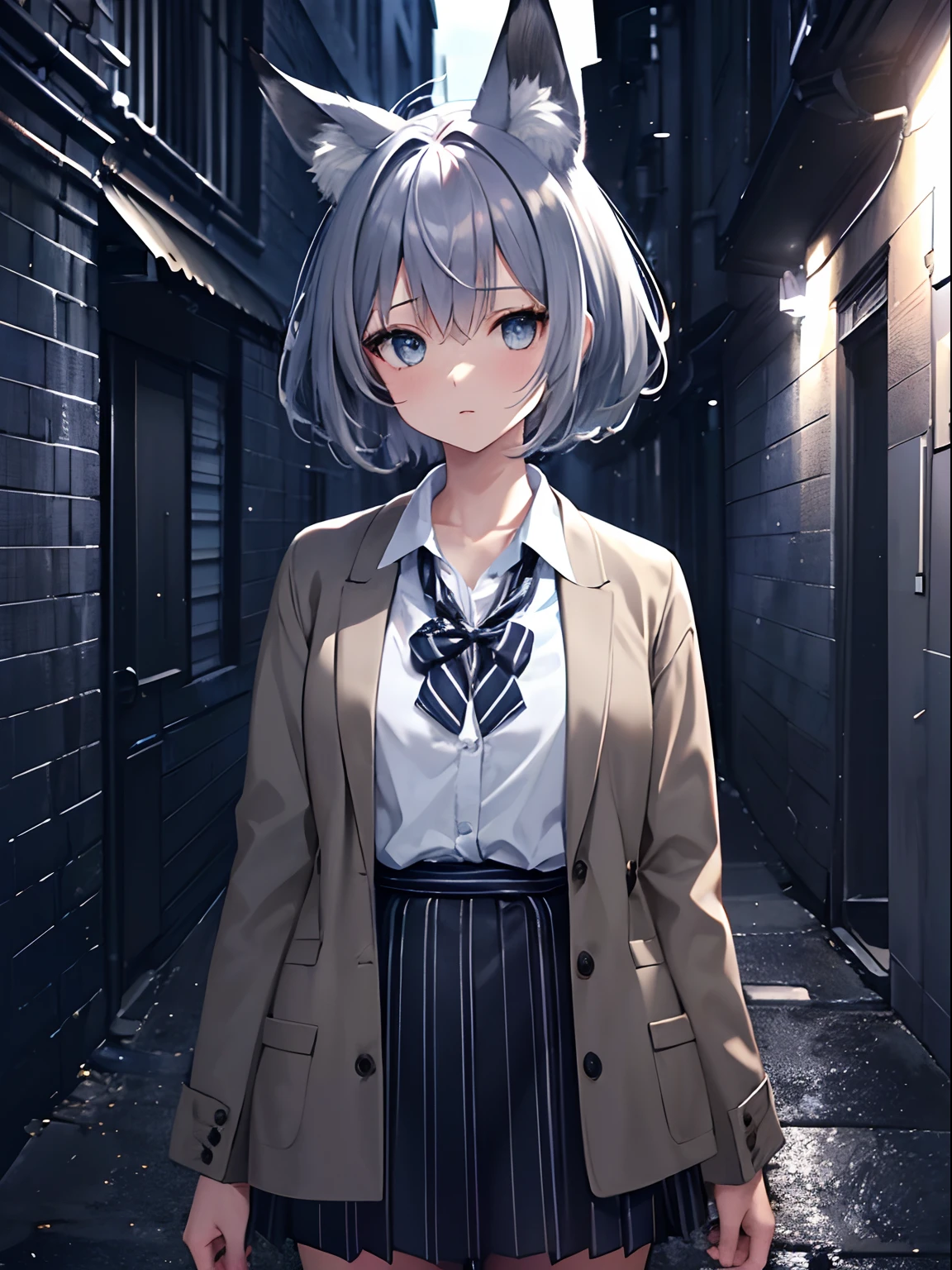 (masterpiece,best quality,ultra-detailed),1girl,dark blue striped skirt,striped jacket,short hair,very messy hair,messy hairstyle,uneven hair,(fox ears),beautiful eyes,in a alleyway, night,(grey theme),(pastel colors theme)