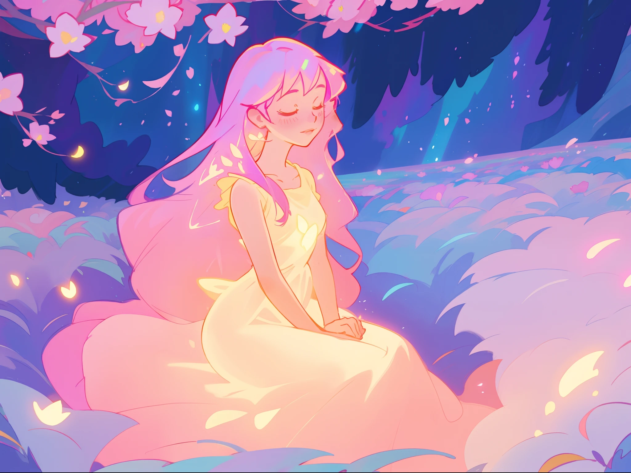 beautiful girl in gradient colorful dress, yellow pink purple fairy dress, beautiful girl sitting in a field with pink red flowers, puffy pink flowers, glowing lights, whimsical landscape, long dark blue flowing hair, watercolor illustration, inspired by Glen Keane, inspired by Lois van Baarle, disney art style, by Lois van Baarle, glowing aura around her, by Glen Keane, jen bartel, glowing lights! digital painting, flowing glowing hair, glowing flowing hair, beautiful digital illustration, fantasia otherworldly landscape plants flowers, beautiful, masterpiece, best quality, anime disney style