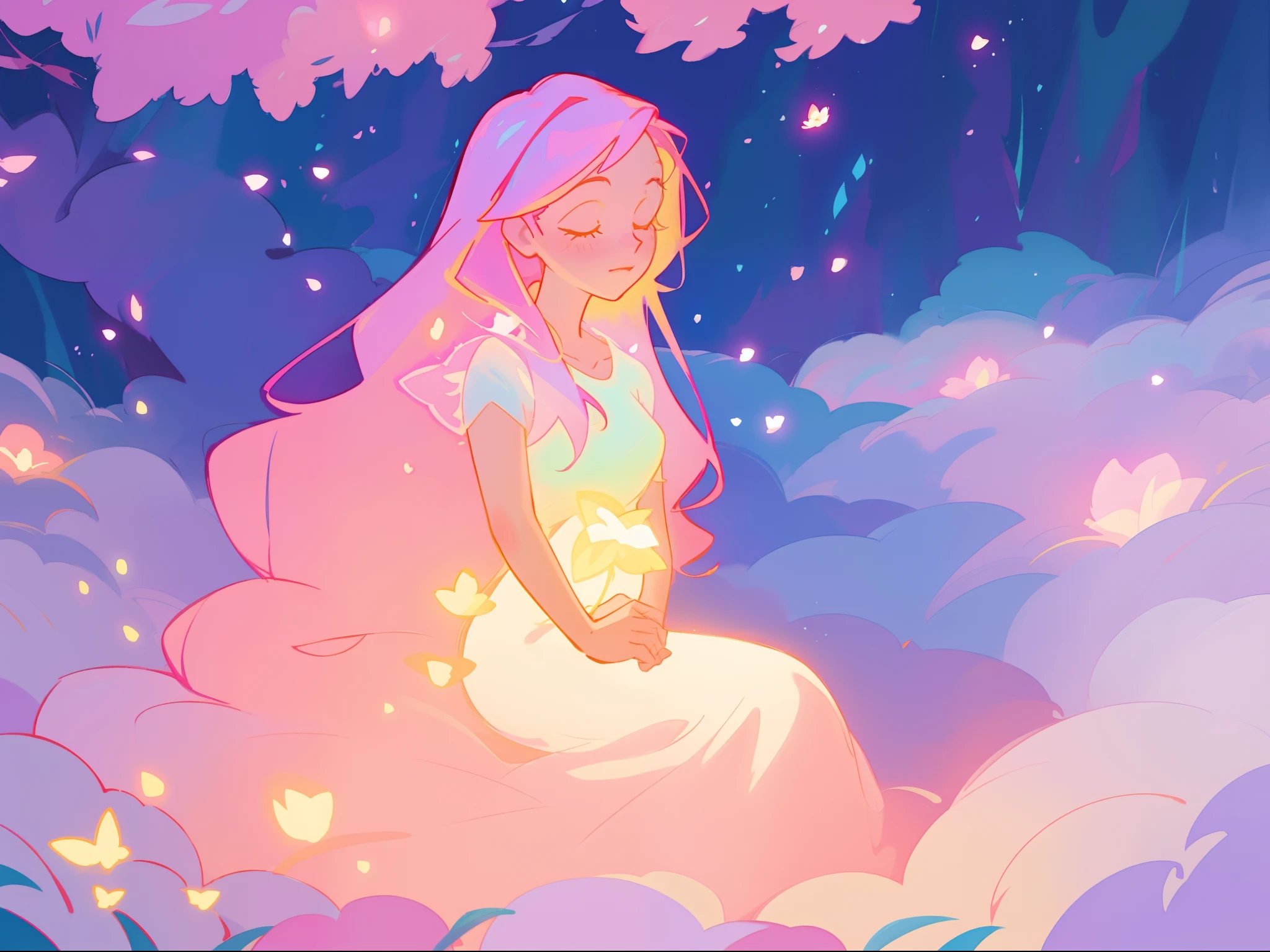 beautiful girl in gradient colorful dress, yellow pink purple fairy dress, beautiful girl sitting in a field with pink red flowers, puffy pink flowers, glowing lights, whimsical landscape, long dark blue flowing hair, watercolor illustration, inspired by Glen Keane, inspired by Lois van Baarle, disney art style, by Lois van Baarle, glowing aura around her, by Glen Keane, jen bartel, glowing lights! digital painting, flowing glowing hair, glowing flowing hair, beautiful digital illustration, fantasia otherworldly landscape plants flowers, beautiful, masterpiece, best quality, anime disney style
