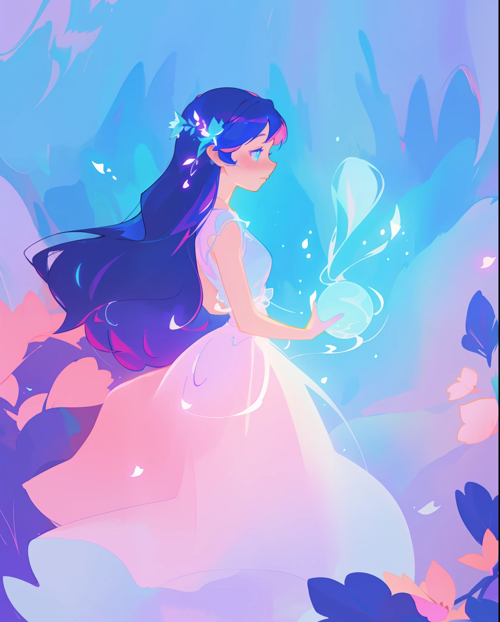 beautiful girl in puffy white ballgown, long dark hair, magical glowing blue lights coming from her hands, magical, whimsical, blue pink and purple colors, watercolor illustration, inspired by Glen Keane, inspired by Lois van Baarle, disney art style, by Lois van Baarle, glowing aura around her, by Glen Keane, jen bartel, glowing lights! digital painting, flowing glowing hair, glowing flowing hair, beautiful digital illustration, fantasia otherworldly landscape plants flowers, beautiful, masterpiece, best quality, anime disney style