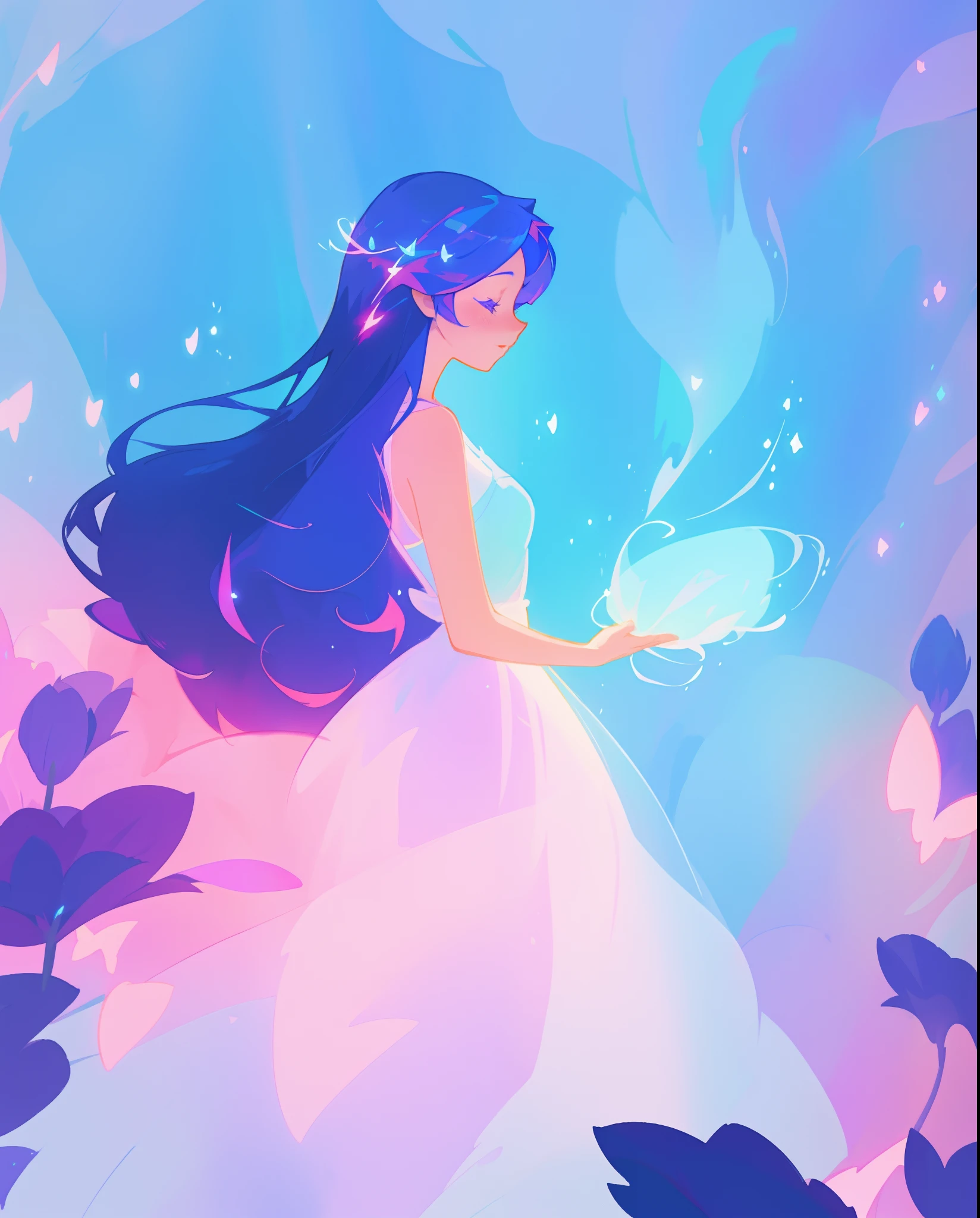 beautiful girl in puffy white ballgown, long dark hair, magical glowing blue lights coming from her hands, magical, whimsical, blue pink and purple colors, watercolor illustration, inspired by Glen Keane, inspired by Lois van Baarle, disney art style, by Lois van Baarle, glowing aura around her, by Glen Keane, jen bartel, glowing lights! digital painting, flowing glowing hair, glowing flowing hair, beautiful digital illustration, fantasia otherworldly landscape plants flowers, beautiful, masterpiece, best quality, anime disney style