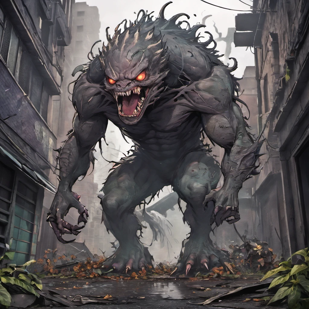 A giant monster with a lizard-like body, The leaves are leafy，There are plant spines and leaves, Spit acid on the floor,Devastated city,last of us:1.05, ultra - detailed,Huge size,Destructive, Sinister existence,Fierce expression,Strong gaze,Defaced buildings,Destroyed vehicles,The destroyed infrastructure was flooded with vegetation, plants and flowers ,dark and gloomy atmosphere,Smoke and debris fill the air,epic battle scene,Humanity fled in fear,Twisted metal and broken concrete,Desolate streets,Foggy silhouette of a monster,apocalyptic scenery,Surreal lighting,Ominous clouds,Rotting leaves,Ominous Shadows,pastel colour,The texture of a decaying structure,Post-apocalyptic monsters, There is no anime style