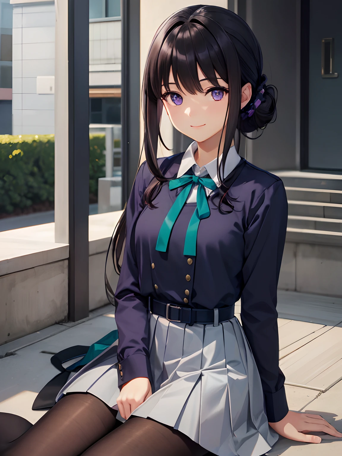 takinainoue, Inoue Takina, Long hair,(((low twin tales))), bangs, Black hair, (Purple eyes:1.2), BREAK shirt, Long sleeves, dress, ribbon, school uniform, White shirt, Collared shirt, belt, Neck ribbon, Blue dress, Green Ribbon, Pleated dress, grey dress, Two-tone dresses, Blue belt, Lycoris Uniform, BREAK (half updo),(black pantyhose),outdoors, City, Break (Masterpiece:1.2), Best quality, high resolution, Unity 8k wallpaper, (illustration:0.8), (Beautiful detailed eyes:1.6), Extremely detailed face, Perfect lighting, Extremely detailed CG, (Perfect hands, Perfect anatomy),BREAK (sitting,wariza,twintale,bedroom),smile
