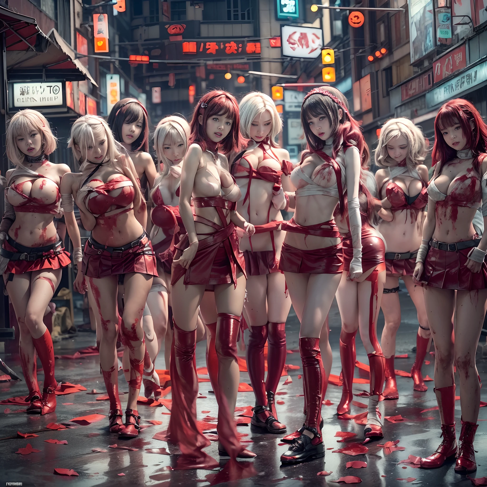 (((SFW, NSFW STILL SHOW, 12 Tiny Girls in a row:1.2, Shibuya Hachiko-mae scramble crossing on Halloween:1.2))), ((masterpiece:1.2, best quality, photorealistic:1.37)), {(Standing Full Body:1.2)|(from below:1.2)}, bandaged full body, { (bandaged head| bandaged limbs | Blood is dripping from the crotch) }, {((naked bandage))|metallic red nipple stickers}, {((bloody))|blood paste|(Blood-stained bandages)}, ((Detailed KAWAII face, Detailed glistening ivory skin)), {Bustling street|Crossroads|(Passerby schoolgirls)| halloween| neon}, {(Childish:1.2|Gigantic Cleavage:1.37|Underboob:1.2)}, {Red leather high collar| random weapons|shotgun|random hair colors}, {Floating hair|Strong wind|(((Ass focus)))}, Skirtlift, {(Kissing face to face)|:p|:d|laugh|sparkle|joyful|delighted|Drunk},extremely Detailed,