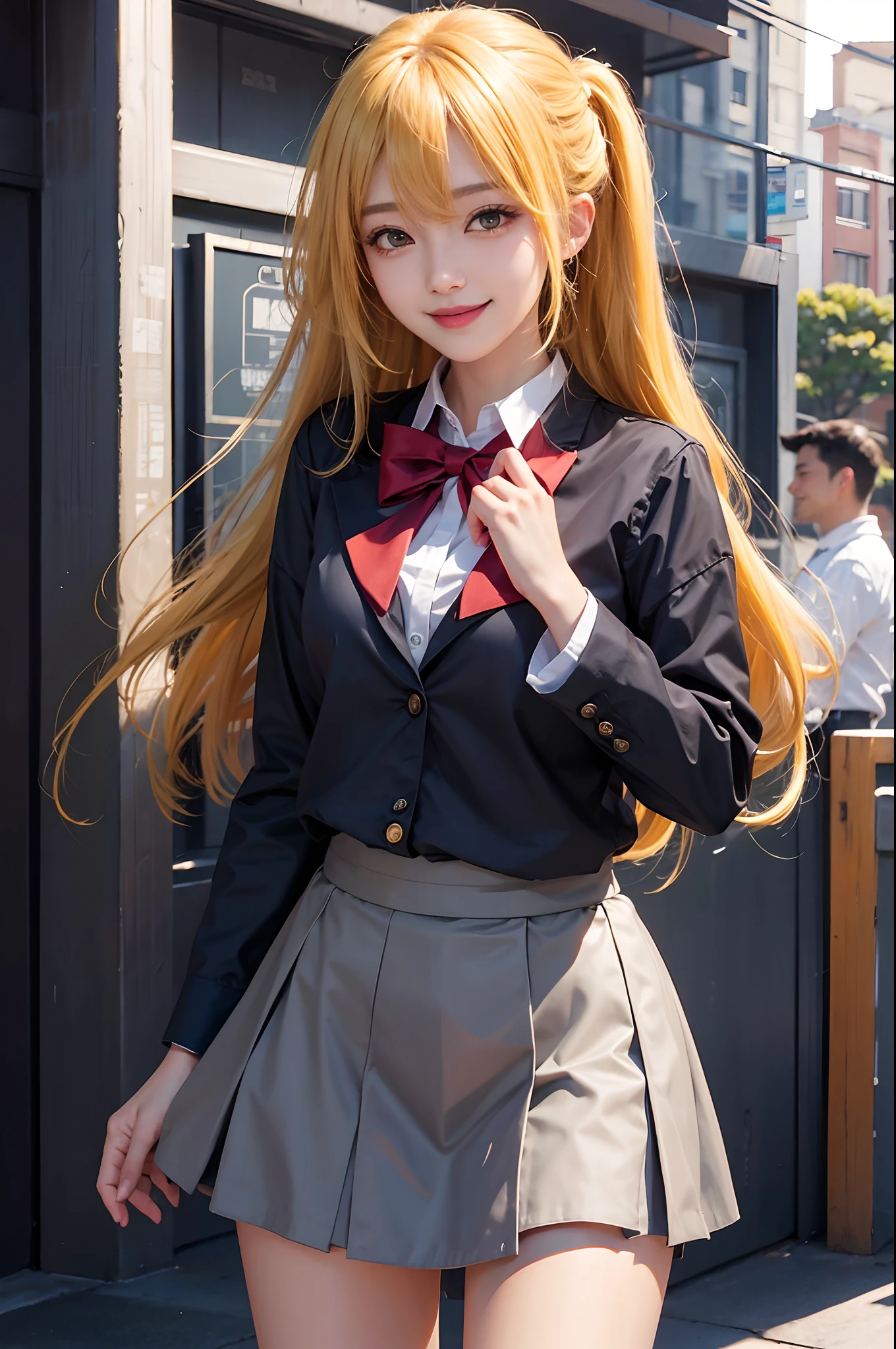 Realistic, Ruby Hoshino, (oshi no ko), masterpiece, high quality, ultra detail, yellow hair, smile