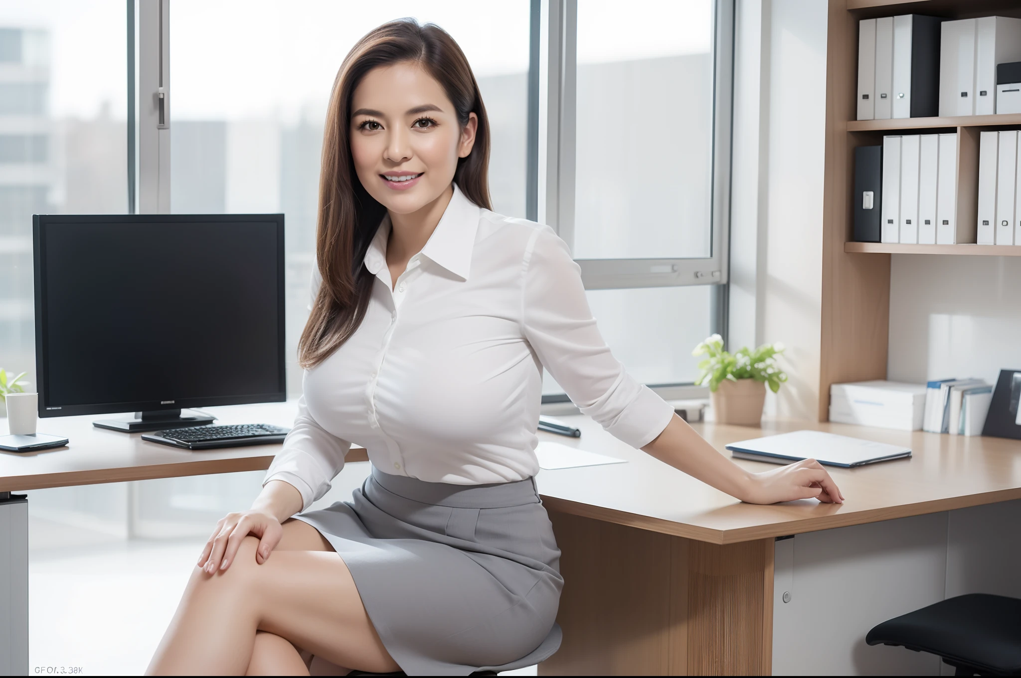 ((Best Quality, 8k, Masterpiece, Portrait: 1.3)), (looking at viewer), (full shot:0.85), attractive business 8 milfs, 8 people, a bit chubby:0.35, white collared shirt, grey skirt, (big pelvis:0.3), (sitting with cross legs on office desks)), smile:0.2, office of CEO,