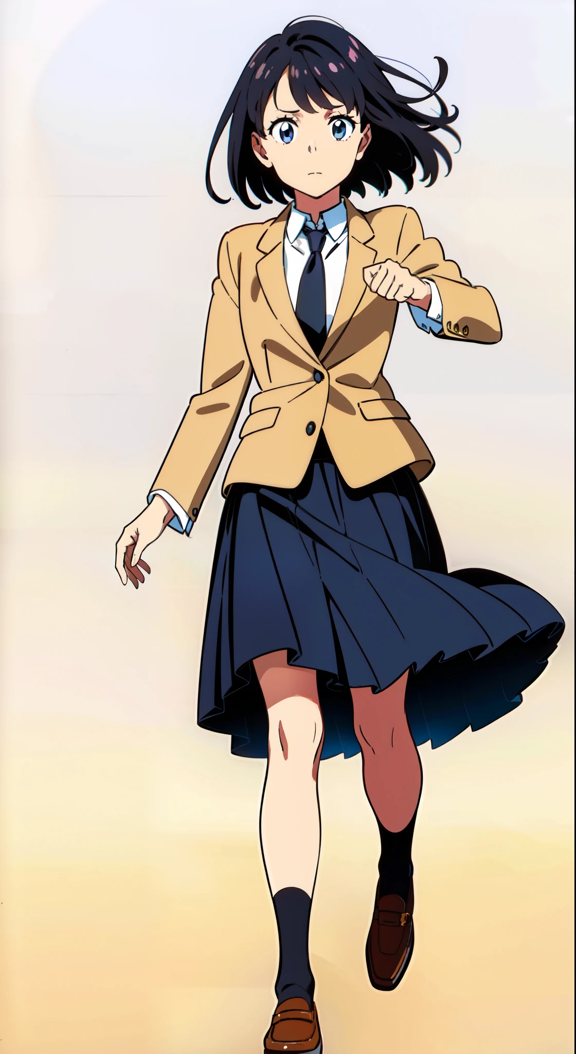(dynamic pose:1.4), (wind:1.2), (white background:1.1), (best quality:1.1), (masterpiece:1.1), (full body:1.0), (solo:1.0), (a 18yo cute girl:1.0), (long skirt:1.1), (dark blue skirt:1.0), (pleated skirt:1.0), (school uniform beige blazer:1.0), (dark blue necktie:1.0), (black socks:1.0), (loafers:1.0), (lanky:1.1), (tall:1.1), (slender:1.1), (small breasts:1.1), (detailed beautiful eyes:1.0), (detailed beautiful face:1.0), (glowing black eyes:1.0), (short hair:1.0), (strait hair:1.0), (black hair:1.0)