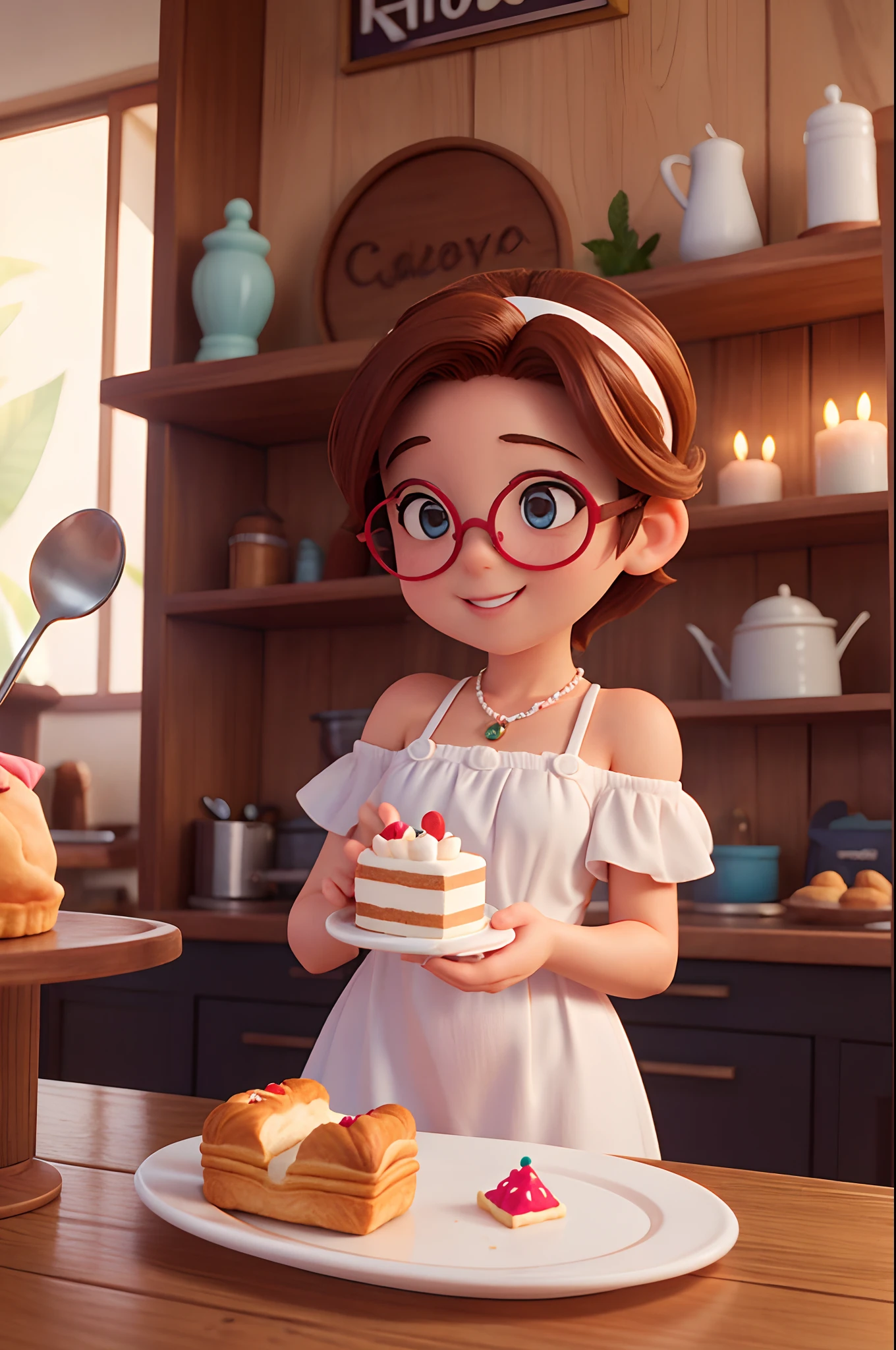 Create a Disney-style poster featuring a 40-year-old female character, Behind Women's Framed Glasses, cabelos cor castanho claro na altura do ombro, sorriso feliz, queixo pequeno, . O cabelo deve ser cacheado, Slumped a little off the shoulders. Roupa de confeiteira. Holding a small birthday cake in a pastry kitchen.