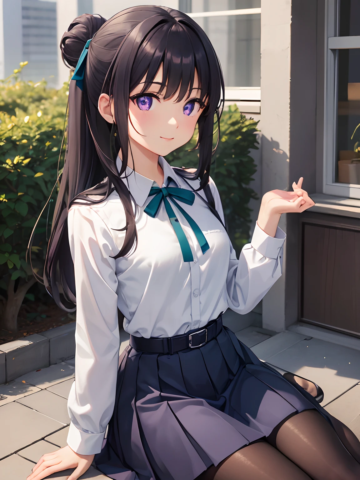 takinainoue, Inoue Takina, Long hair,(((low twin tales))), bangs, Black hair, (Purple eyes:1.2), BREAK  shirt, Long sleeves, dress, ribbon, school uniform, White shirt, Collared shirt, belt, Neck ribbon, Blue dress, Green Ribbon, Pleated dress, grey dress, Two-tone dresses, Blue belt, Lycoris Uniform, BREAK (half updo),(black pantyhose),outdoors, City, Break (Masterpiece:1.2), Best quality, high resolution, Unity 8k wallpaper, (illustration:0.8), (Beautiful detailed eyes:1.6), Extremely detailed face, Perfect lighting, Extremely detailed CG, (Perfect hands, Perfect anatomy),BREAK (sitting,wariza,twintale,bedroom),smile