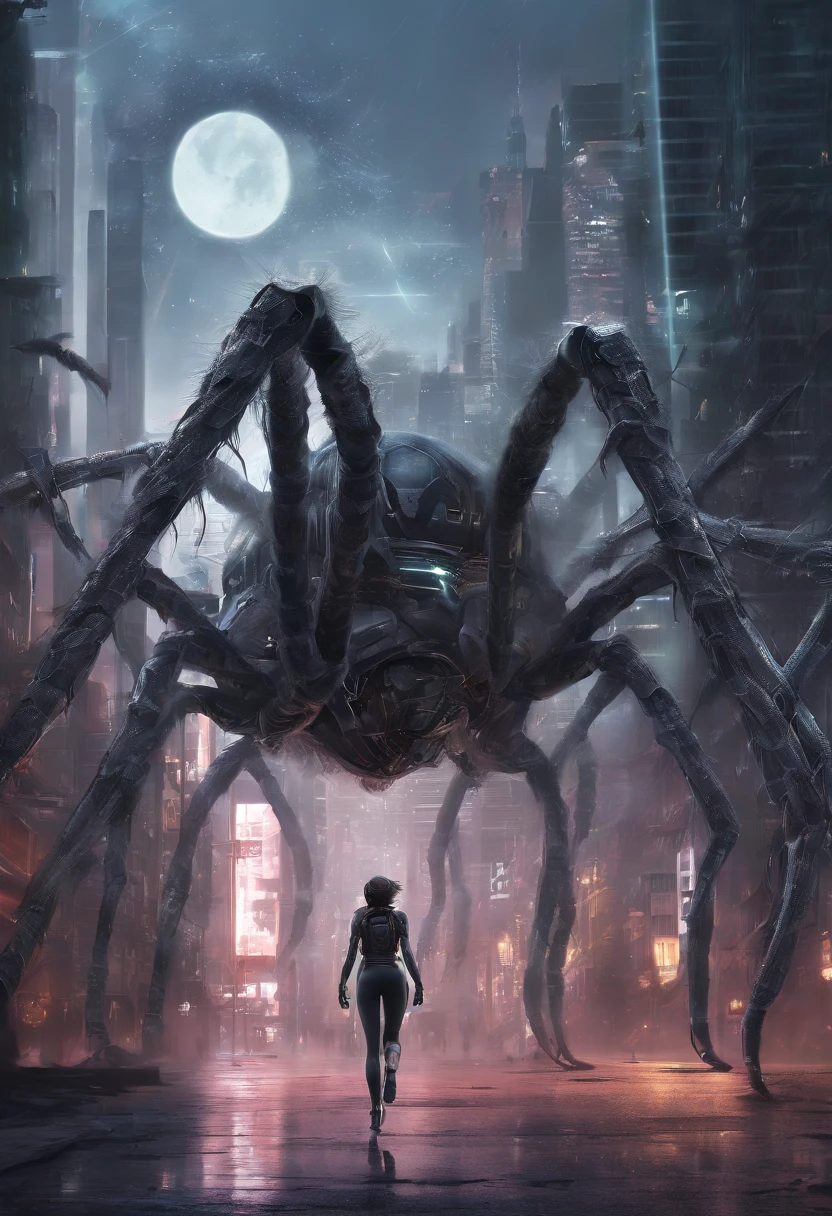 Giant furry spider running from a translucent ethereal  beautiful female alien cyborg in heat with delicate features in a seductively aggressive stance,wet,slimy,reflective skin,city setting, moon, realistic, highly detailed, intricate,unreal engine,cinomatic lighting,wide angle lens, action shot,8k, Hyperrealistic movie poster