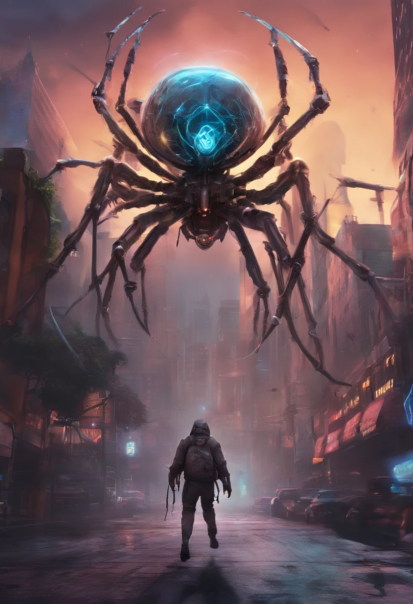 Giant furry spider running from a translucent ethereal beautiful female alien cyborg in heat with delicate features in a seductively aggressive stance,wet,slimy,reflective skin,city setting, moon, realistic, highly detailed, intricate,unreal engine,cinomatic lighting,wide angle lens, action shot,8k, Hyperrealistic movie poster
