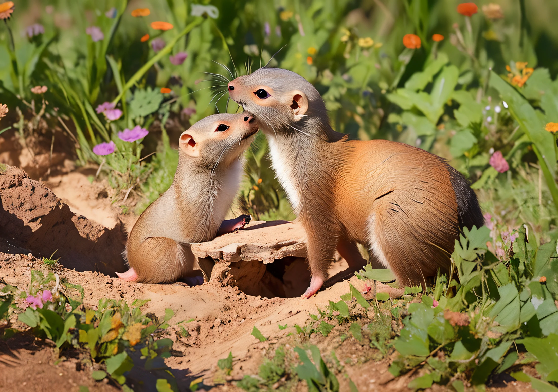 Two small animals stand in the dirt, Black-tailed marmot, high high quality, Pixabe, High quality photos, the photo shows a large, Very high quality,