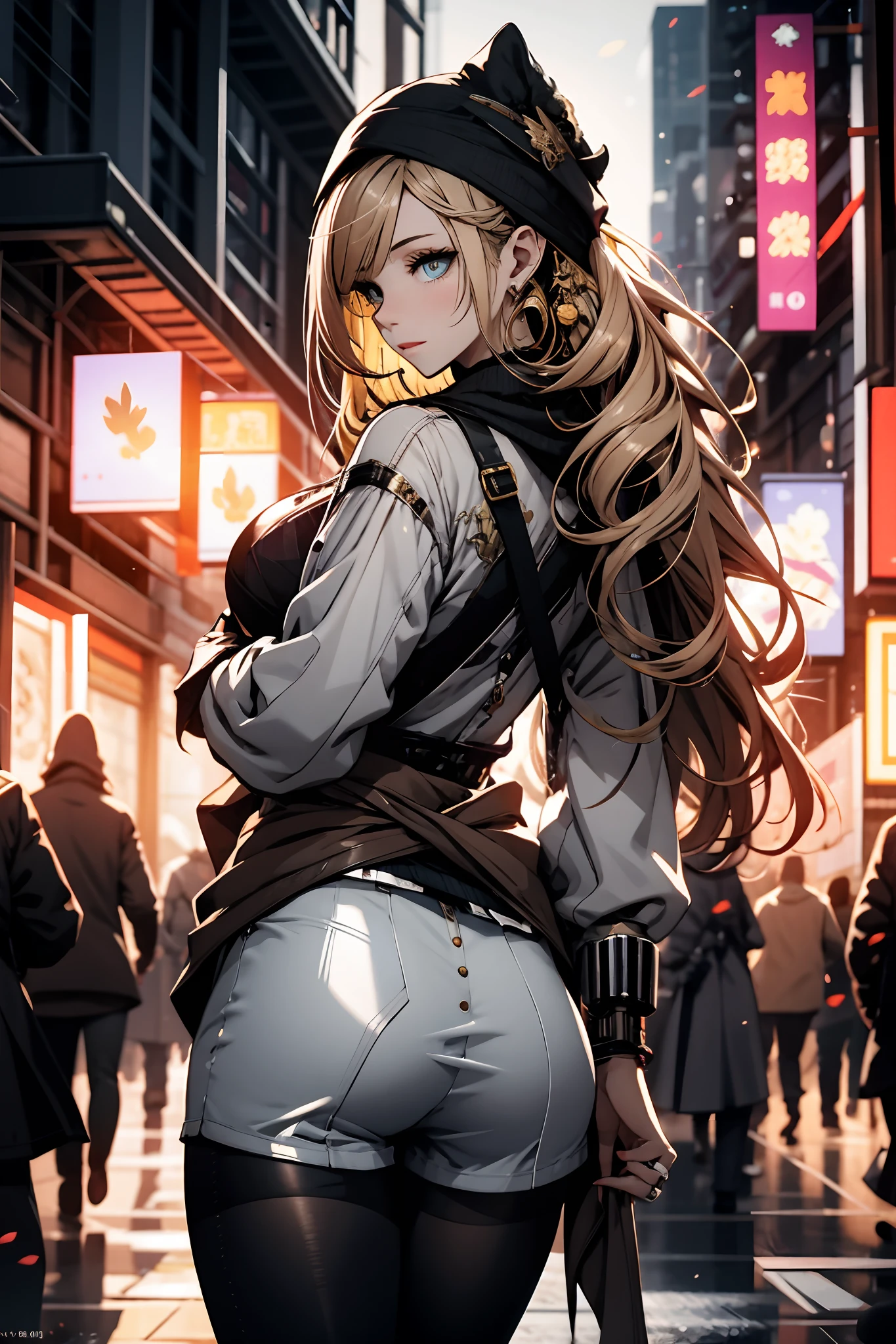 a matured woman with long hair and a white outfit, (resting in oasis:1.2, at lakeside:1.2, sitting:0.0), Arabic, (Post apocalyptic:1.0), from arknights, artwork in the style of guweiz, bodyesbian, fine details. girls frontline, beautiful anime illustration, from girls frontline, by Yang J, stunning, 26 years old, (solo:1.5), (sfw:1.25), sagging breast, large breasts, big tits, thin waist, big ass, Raised sexy, (dark mahogany medium long hair, updo, hair over one eye, asymmetric hair, Carly hair, low tied),(musulman, Headscarfs, hair bands, head vandage, Turban), (ultra high resolution, 8K RAW photo, photo realistics, weak outline:1.3, clear focus), best qualtiy, natural lighting, blurry back ground, field depth, (Bright pupils, detailed beautiful eyes, high detailed face), Red lip, looking at viewers, (tight focus:1.2, from above), sexy posing, seductive weak smiling, center image, (wearing white long jacket and clothes, wearing short pants, gold ornaments, white clothes rolling around waist, camel-brown long leather boots, translucent lace pantyhose), ((correct anatomy:1.5)), ((outdoor:1.2)),