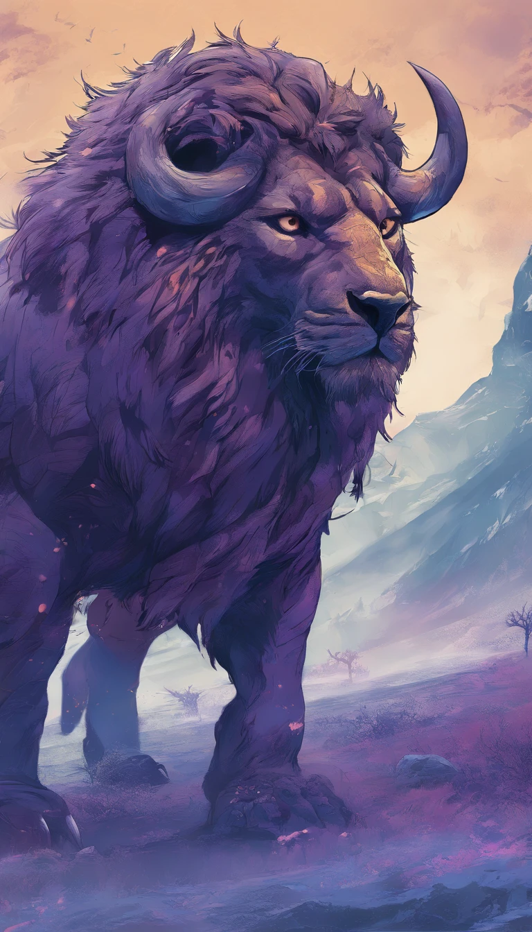 The saber-toothed bison of the fantasy world and the saber-toothed lion of the fantasy world in battle,Emits blue-violet,Effets de lueur,La nuit,-la-ndre,Corps entier comme, Highly detailed surreal VFX,OC,Mor