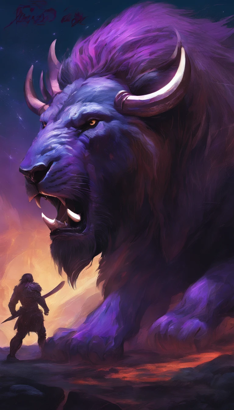 The saber-toothed bison of the fantasy world and the saber-toothed lion of the fantasy world in battle,Emits blue-violet,Effets de lueur,La nuit,-la-ndre,Corps entier comme, Highly detailed surreal VFX,OC,Mor