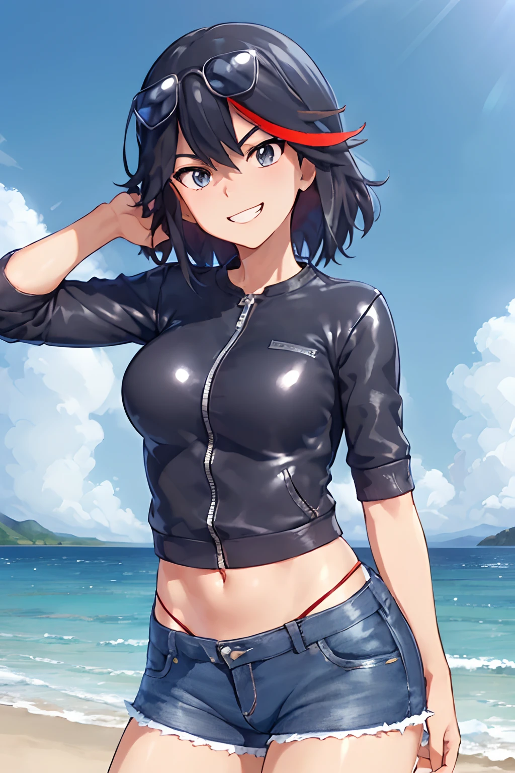 ((masterpiece, best quality,distinct image)), 1girl,solo, kill la kill, matoi ryuuko, medium breasts, dutch angle, (leather jacket),(denim shorts), eyewear on head,sexy, charming, grin, looking at viewer, cowboy shot, outdoors, tropical, sand, ocean, blue sky