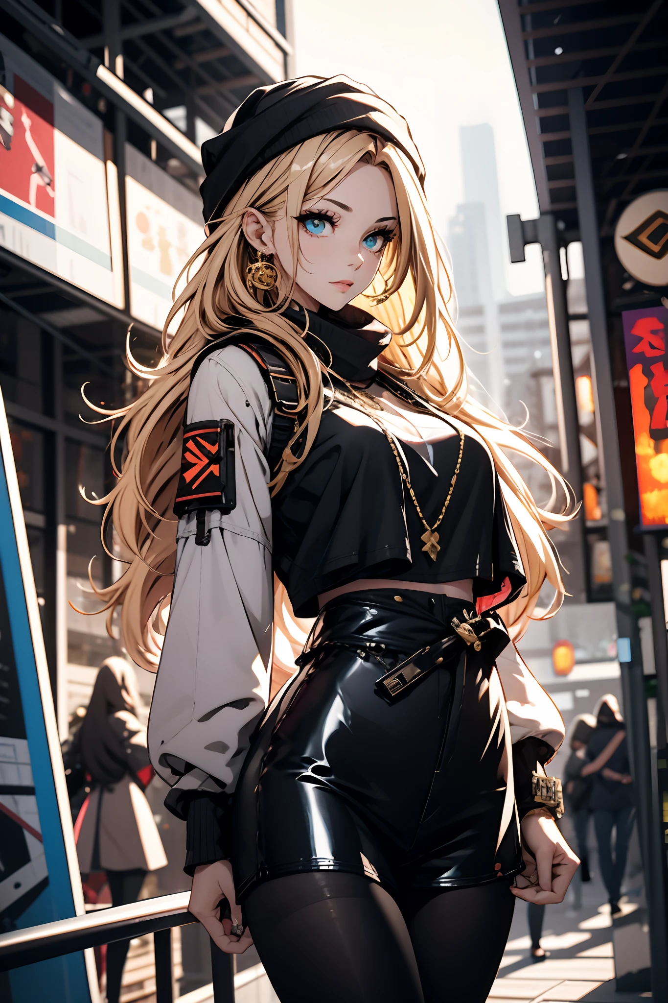 A visionary avant-garde editorial photo of a beautiful gyaru girl, the epitome of early 2000s Harajuku street fashion - her bleached blonde hair styled in elaborate twin tails with excessive volume and flipping ends, wearing a deconstructed futuristic cropped top made of holographic vinyl and chainmail exposing pierced underboob, an asymmetric vinyl miniskirt with security belt chains, dramatically oversized chrome platform boots, face adorned with Y2K-inspired makeup - deep metallic blue smokey eyes, precise diamond gemstone rhinestone facial embellishments along the cheekbones and tear ducts, holographic shimmery lips, long diamond gem fingernails clutching a spiked cyber yoshikon bag, posing powerfully in an abandoned warehouse setting with rays of dramatic light bursting through broken windows, surrounded by holograms of kanji characters and vector graphics