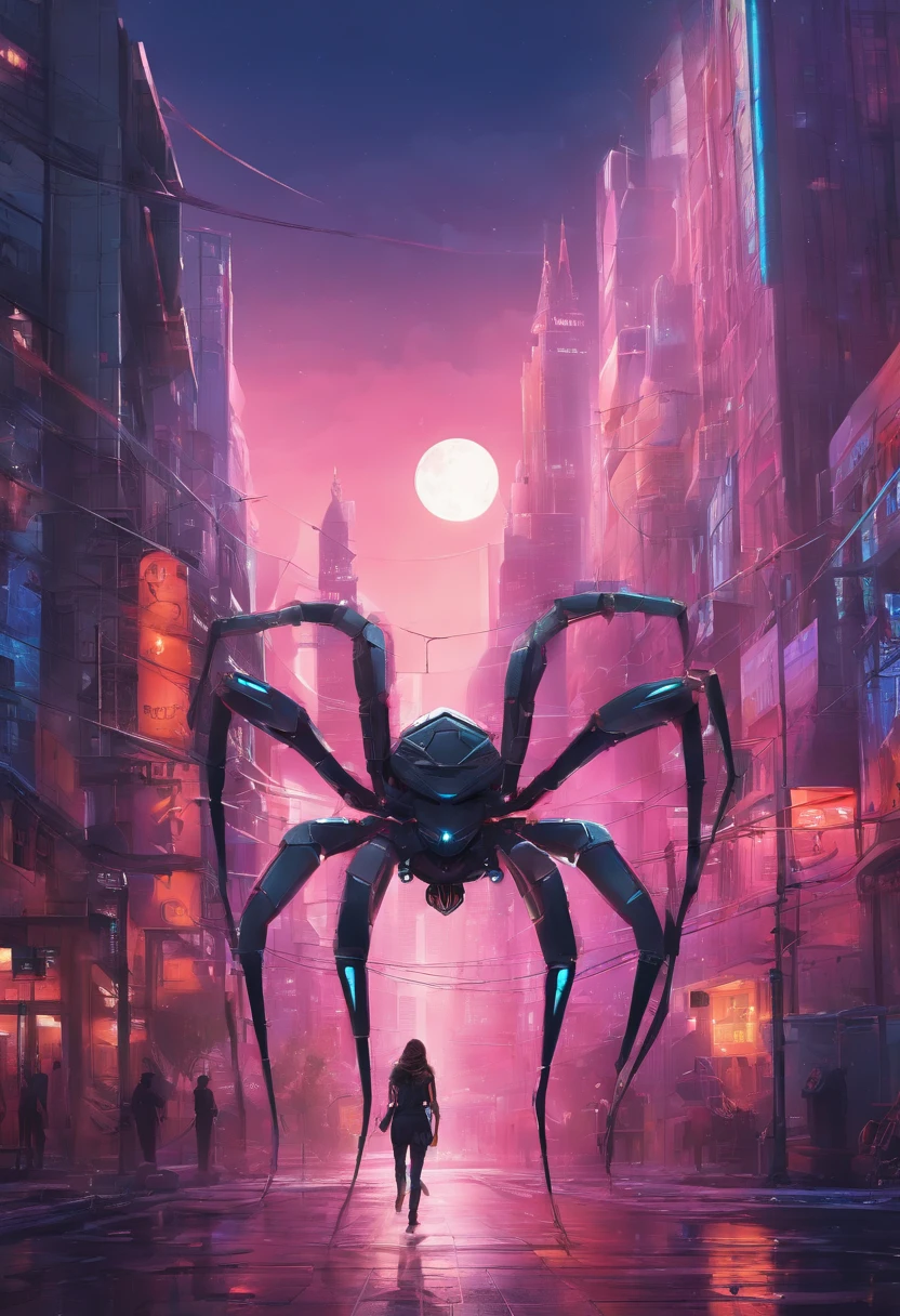 Giant furry spider running from a translucent ethereal  beautiful female alien cyborg in heat with delicate features in a seductively aggressive stance,wet,slimy,reflective skin,city setting, moon, realistic, highly detailed, intricate,unreal engine,cinomatic lighting,wide angle lens, action shot,8k, Hyperrealistic movie poster