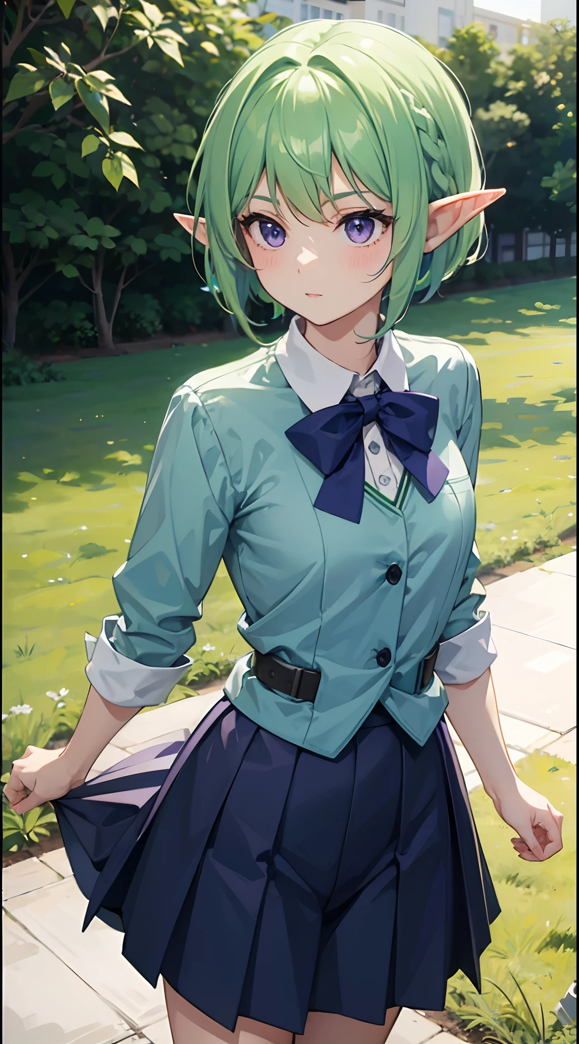 1girl, elf, short light green hair, blue highlights in hair, purple eyes, wearing men's school uniform, school, standing on ground, high res, ultra sharp, 8K, masterpiece