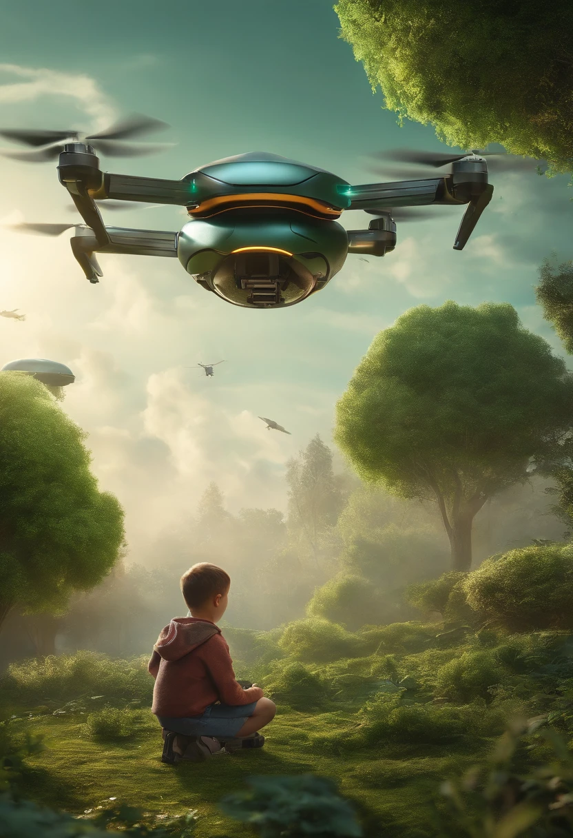 A ??? playing with a future drone where it's a green atmosphere every where trees,in the year 2050 streets of the new work City from where we can seen our moon is very near to the city