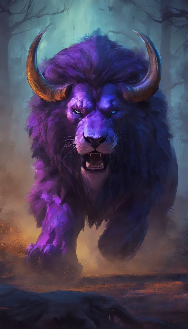 The saber-toothed bison of the fantasy world and the saber-toothed lion of the fantasy world in battle,Emits blue-violet,Effets de lueur,La nuit,-la-ndre,Corps entier comme, Highly detailed surreal VFX,OC,Mor