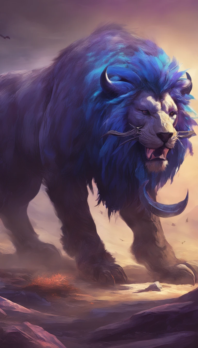 The saber-toothed bison of the fantasy world and the saber-toothed lion of the fantasy world in battle,Emits blue-violet,Effets de lueur,La nuit,-la-ndre,Corps entier comme, Highly detailed surreal VFX,OC,Mor