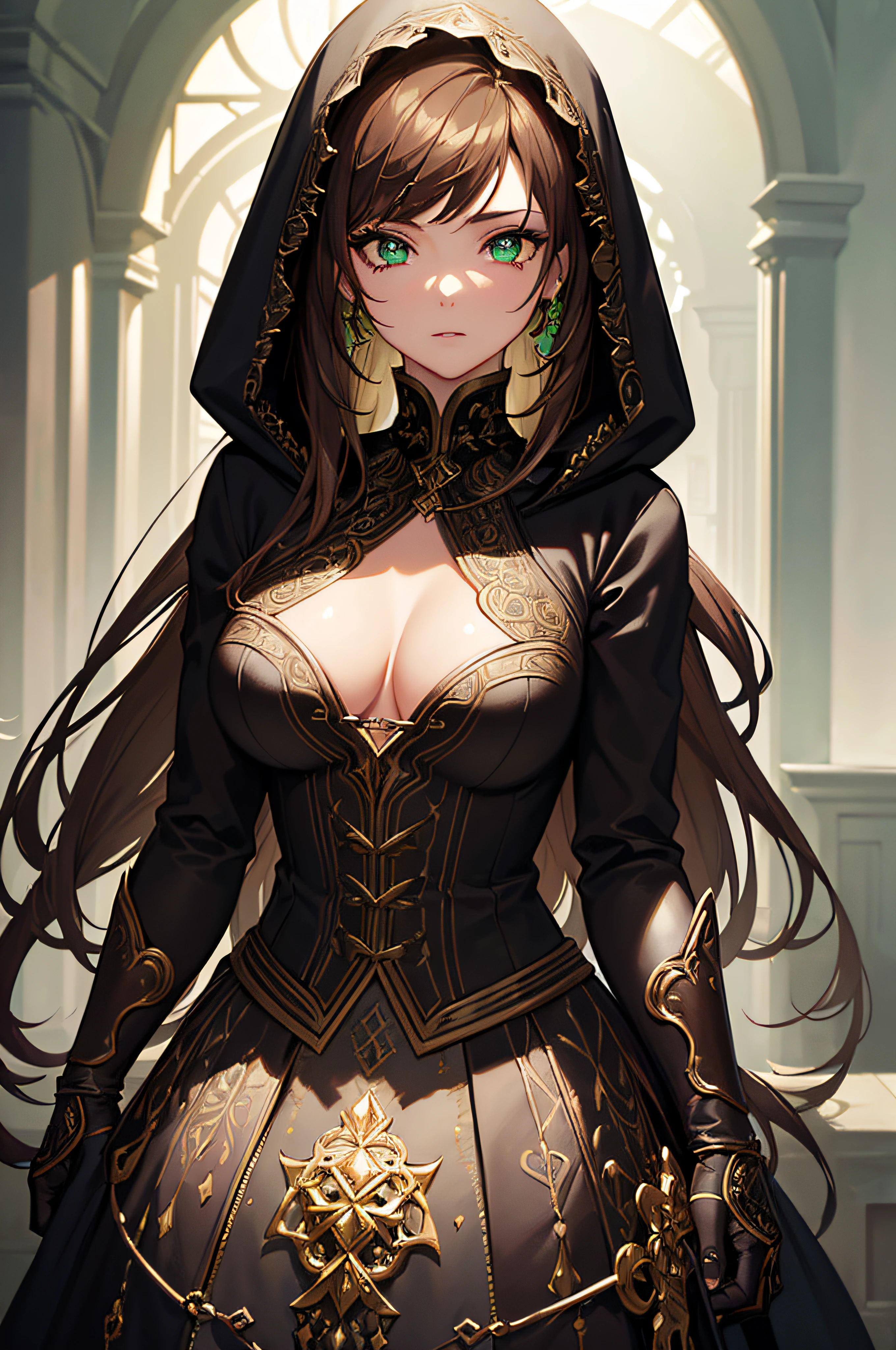 (masterpiece:1.2, best quality), (finely detailed beautiful eyes: 1.2), (detailed background,dark fantasy), (beautiful detailed face), high contrast, ((cinematic light)), colorful, hyper detail, intricate details, (1 girl, solo, brown hair), (beautiful glowing green eyes) eye depth, fantasy rogue assassin, black clothes, hood up, fishnet cleavage