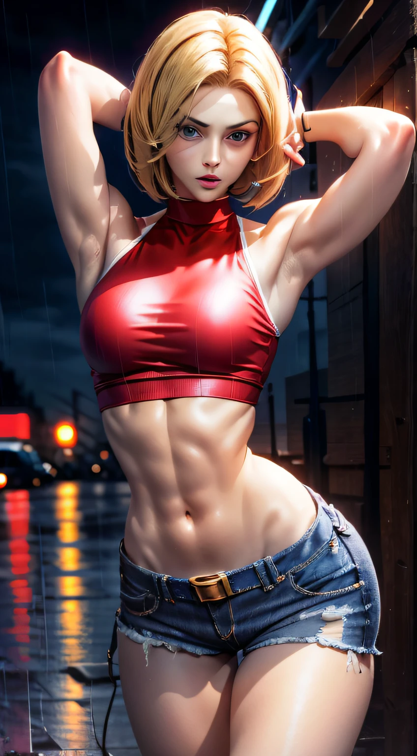 (((Masterpiece))),
((Blue Mary)) cosplay, best quality, (beauty), 20 year old girl face, pretty face, red crop top, red blouse, (((very short women's denim shorts))), Physics-based rendering, ultra highres, waist narrow, slim, big eyes, long muscular legs, (medium breasts), puffy eyes, night, (rainy city), shiny skin, facing the viewer, firm expression, realistic, woman, sexy, muscular belly, muscular arms , barefoot, standing