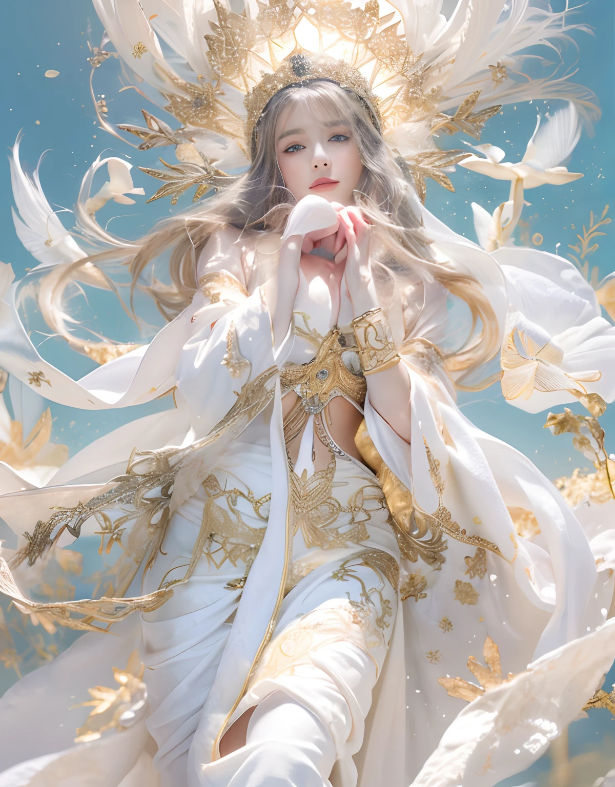 (A beautiful model who plays the role of a celestial maiden who descends from the sky, And her hair spreads beautifully), Solo, ((face is 80% beauty and elegance, 20% pretty and cute:1.5)), Clear eyes, (Detailed eyes, Light green eyes, Bright pupils), Double eyelids, (sexy lips with a little thickness:1.2), ((white robes with highly detailed and incredibly high-resolution plumage,,:1.3)), Highly Detailed face Textures, striking body shape, curvy and very attractive woman, high-resolution RAW color photo pro photo, BREAK is an ultra-high resolution texture, High-res body rendering, Big eyes, unparalleled masterpiece ever, incredible high resolution, super detailed, stunning ceramic skin, BREAK ((Composition of a heavenly maiden slowly descending from the sky:1.5)), ((Wearing a heavenly robe trimmed with glittering gold:1.5)), ((The main color is white、The fabric is thin, transparent feather robes:1.2)), (Clean white neck cloth bra and panties look), (Expertly crafted classical Uttara monk vestments:1.4), ((Very delicate lotus embroidery:1.2)), ((Tastefully and elegantly decorated white feather robes)), (Pose coming down from the sky carrying Nichirin on his back) BREAK ((Best Quality, 8K)), Crisp focus:1.2, (layers-Cut, Big:1.2), (Beautiful woman with perfect figure:1.4), (Beautifully shaped breasts:1.3), Slender waist, (Correct hand shape:1.5), (Full body shot | Cowboy Shot) White sandals
