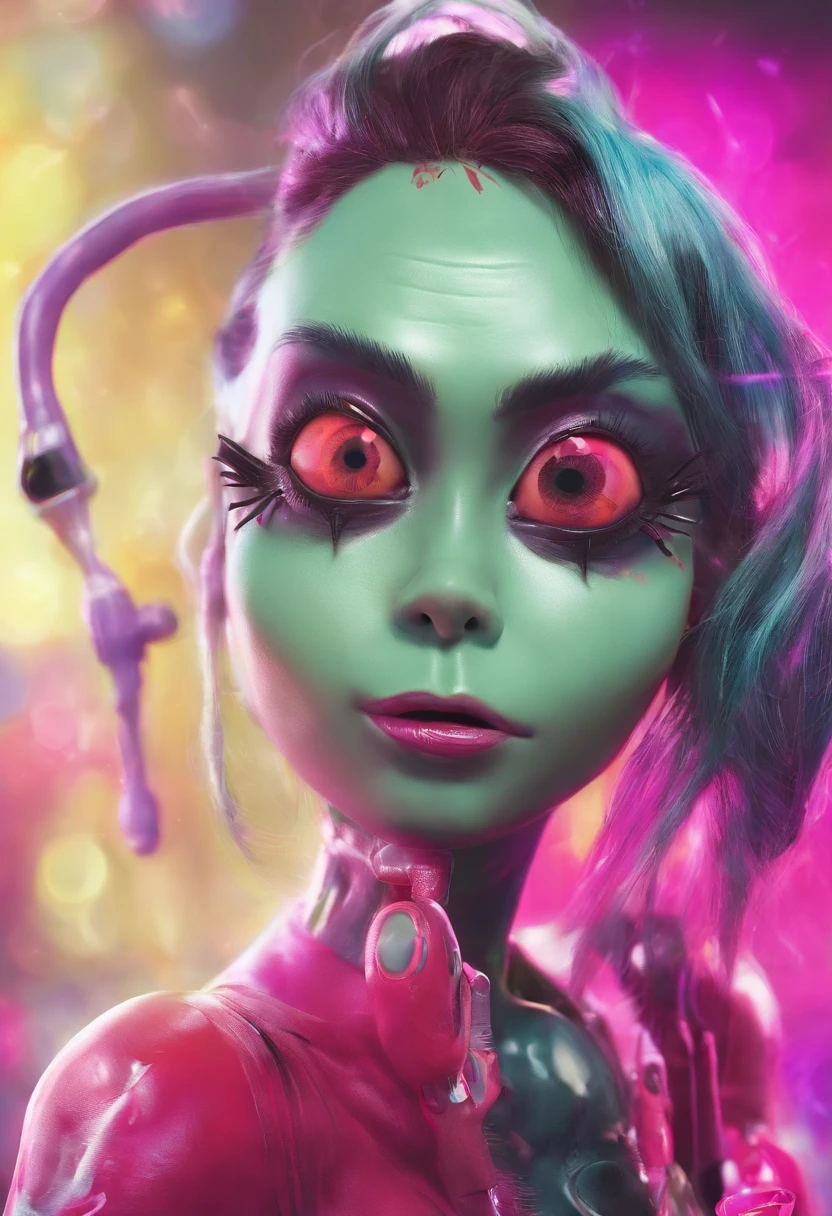 <lora:frog-v3_adam-cosine_16x8-4x1:0.8> fr0g, long tongue, green skin, frog girl in a space suit floating in space, lipstick and long eyelashes,
