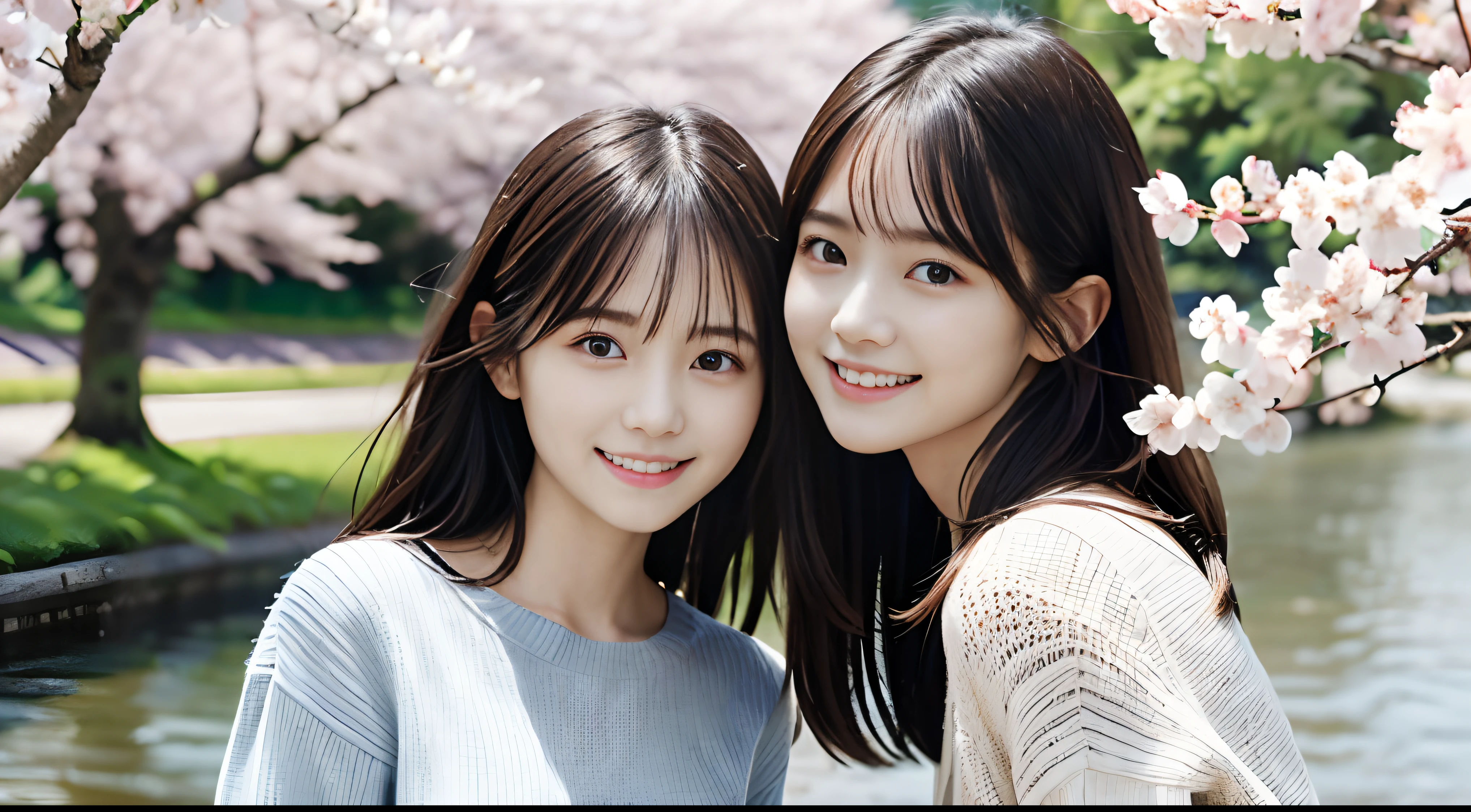 (Close-up of two girls is、Has slender small chest and long hair with dull bangs in spring colorful sweater and shirt :1.5)、(Dancing with a small smile、Two girls with hair fluttering in the wind :1.5)、(Rows of cherry blossom trees in full bloom along the riverbank:1.5)、(Perfect Anatomy:1.3)、(No mask:1.3)、(complete fingers:1.3)、Photorealistic、Photography、masutepiece、top-quality、High resolution, delicate and pretty、face perfect、Beautiful detailed eyes、Fair skin、Real Human Skin、pores、((thin legs))、(Dark hair)