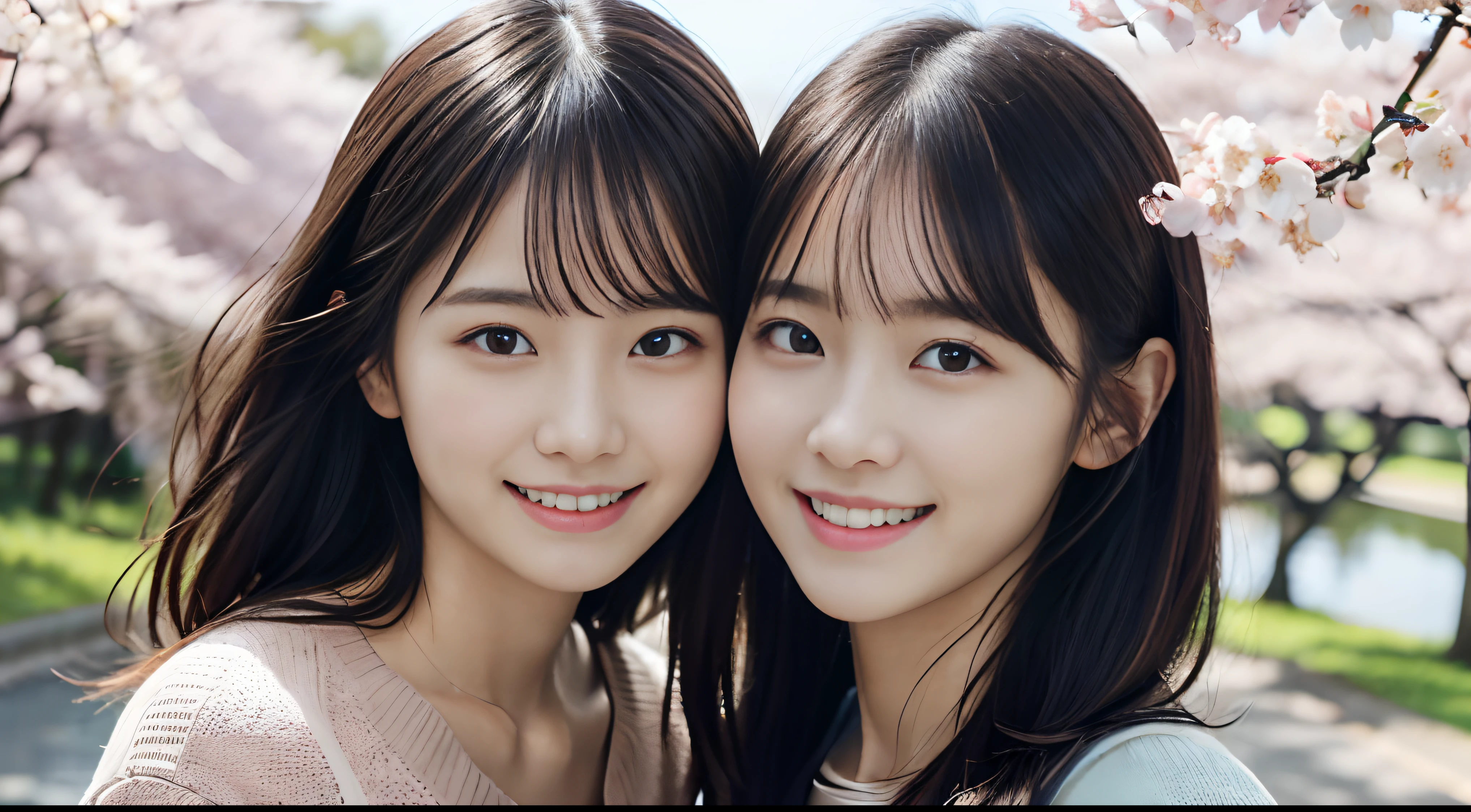 (Close-up of two girls is、Has slender small chest and long hair with dull bangs in spring colorful sweater and shirt :1.5)、(Dancing with a small smile、Two girls with hair fluttering in the wind :1.5)、(Rows of cherry blossom trees in full bloom along the riverbank:1.5)、(Perfect Anatomy:1.3)、(No mask:1.3)、(complete fingers:1.3)、Photorealistic、Photography、masutepiece、top-quality、High resolution, delicate and pretty、face perfect、Beautiful detailed eyes、Fair skin、Real Human Skin、pores、((thin legs))、(Dark hair)