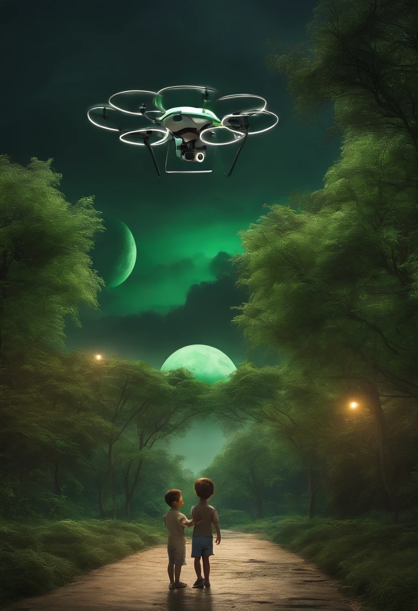 A ??? playing with a future drone where it's a green atmosphere every where trees,in the year 2050 high tech city of new work City,sheet from where we can seen our moon is very near to the city