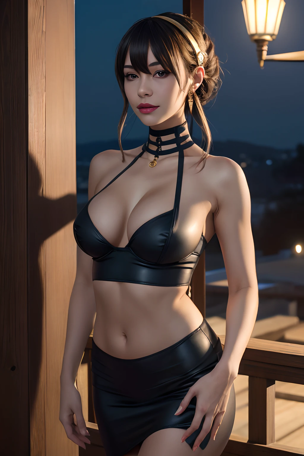 masterpiece, best quality, highres, aayorf, sidelocks, gold hairband, hair ornament, red eyes, gold earring, large breasts, choker, bare shoulders, black dress, two-sided dress, fingerless gloves, thigh boots, cowboy shot, standing, looking at viewer, outdoors, night, (((midriff exposed)))