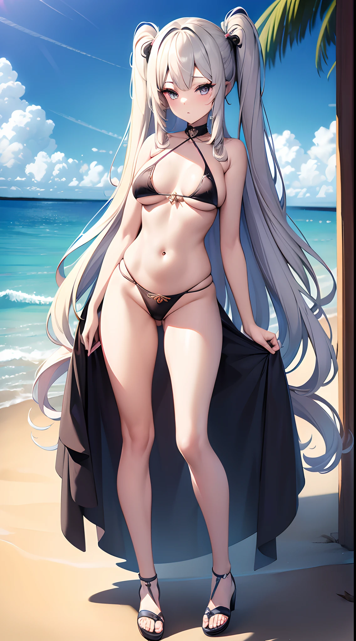 ((Best Quality)), (ultra-detailliert), ((Extremely detailed)), (Beautiful), ((Kawaii Girl)),(two side up hair)、((masutepiece)),Platinum Blonde Hair,Long hair, hair between eye, Wavy Hair, Long sideburns,Jade colored eyes, White skin,Normal Chest,Slender body,side tie bikini bottom、Sandals,in beach,One Woman,Anime