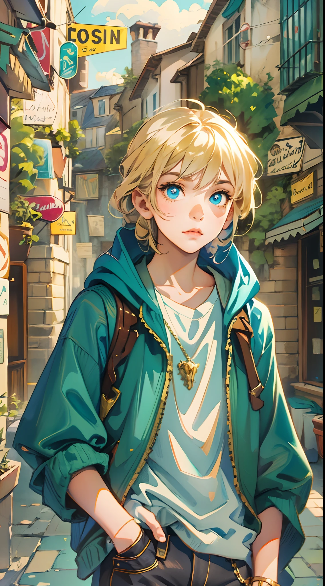 An 11-year-old boy with golden hair, Center-parted hairstyle, a cunning gaze, a slender figure, a fantasy-realistic style blue sleeveless vest with a hood, a yellow-green undershirt, blue jeans, Within a medieval town of fantasy style, this character embodies a finely crafted child with a fantasy-realistic style in anime style, characterized by an exquisite and mature manga illustration art style, full body character drawing, high definition, best quality, highres, ultra-detailed, ultra-fine painting, extremely delicate, professional, anatomically correct, symmetrical face, extremely detailed eyes and face, high quality eyes, creativity, RAW photo, UHD, 8k, Natural light, cinematic lighting, masterpiece-anatomy-perfect, masterpiece:1.5