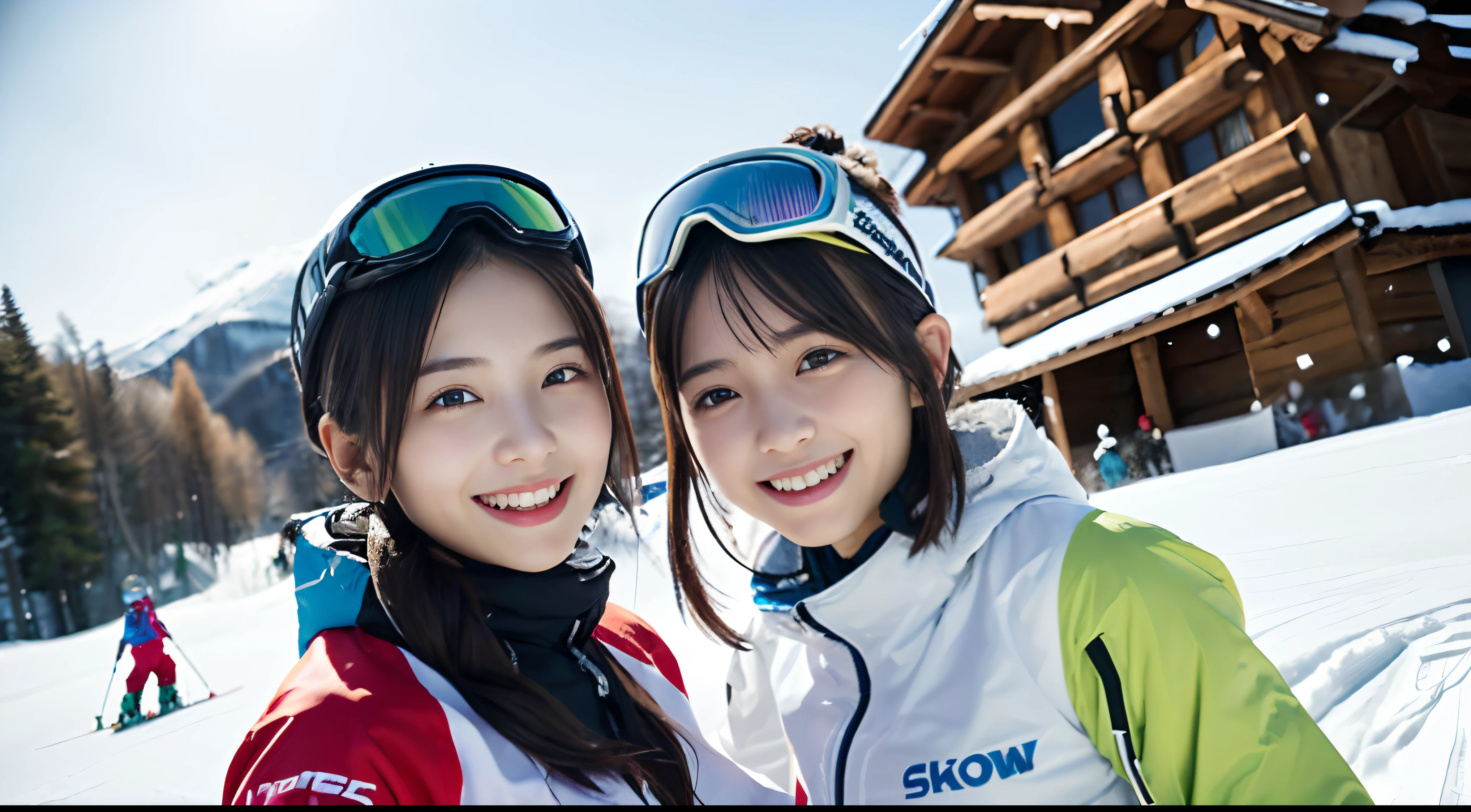 (Portrait of two girls with thin small breasts and short hair in colorful ski wear:1.5)、(Two girls skiing with show-off faces and small smiles :1.5)、(Snow Ski Garden:1.5)、(blurry backround:1.5)、(Perfect Anatomy:1.3)、(No mask:1.3)、(complete fingers:1.3)、Photorealsitic、Raw photography、masutepiece、top-quality、hight resolution、delicate and pretty、face perfect、Beautiful detailed eyes、Fair skin、Real Human Skin、pores、((thin legs))、(Dark hair)