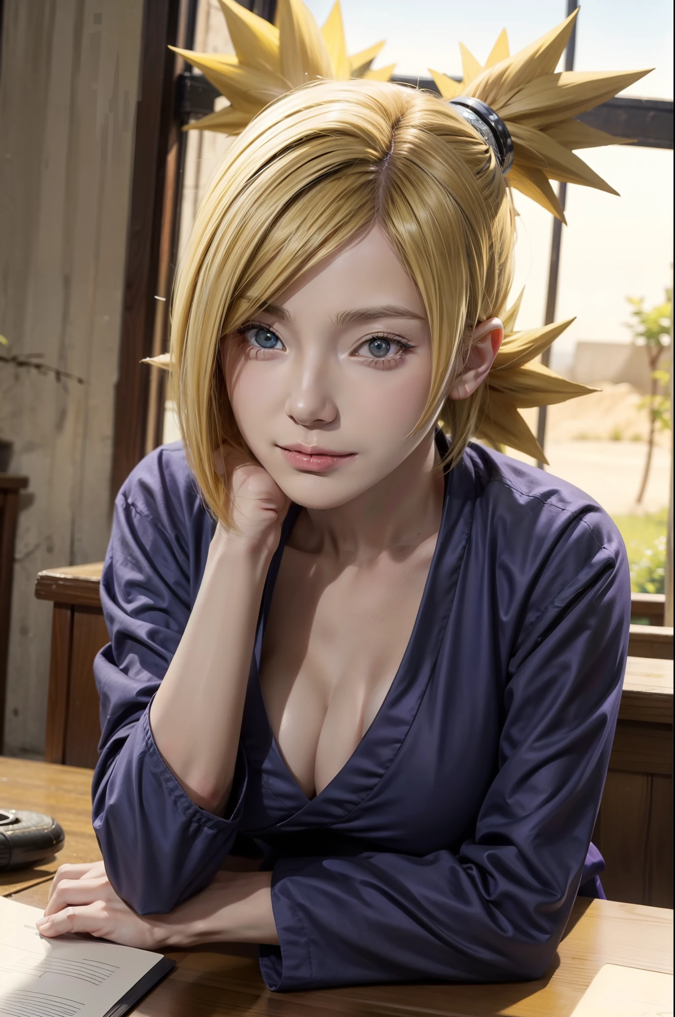 1girl, temari in anime naruto, short hair, yellow hair, blue eyes, smile, beautiful, black and white clothes, very big breast, realistic clothes, purple clothes, outdoor background, ultra detail, realistic ,ultra high quality .