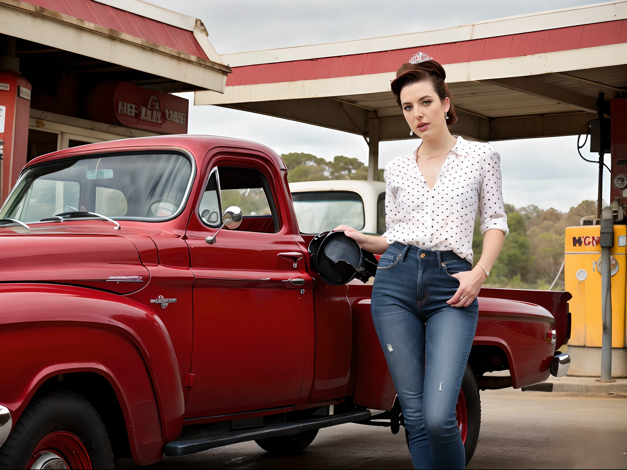 Ultra realistic photo of Angela White ((one character only)) (25 years old) ((full body)) ((full shot)) | rockabilly outfit (jeans with folded legs, blouse with polka dot prints, red heels, red tiara) ((rockabilly style hair, piercing blue eyes, skin texture, enigmatic countenance, slender body, divine proportion) ) | at a 50s style gas station ((old gas pump)), filling up a hot blue 1960 Dodge truck | natural light, cool colors, soft shadows, vivid colors, saturated tones, Maximum Sharpness ((.RAW))