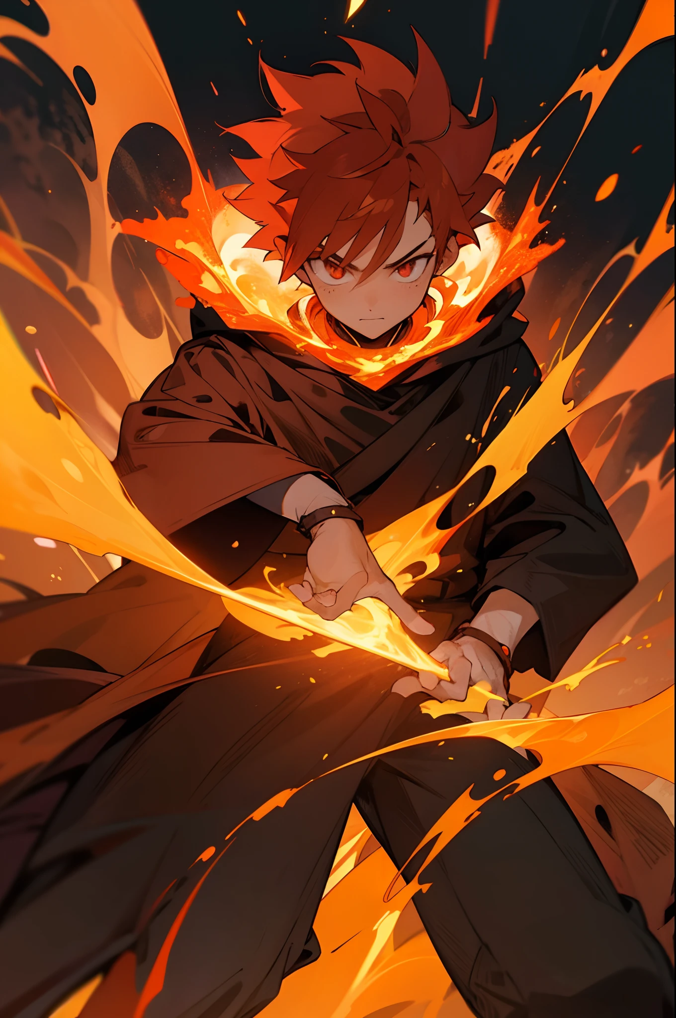 15 years old anime character with lava and flames in a room, lava mage, he is in a lava mountain, holy lava spell art, casting lava spell, thin young male , lava spell, lava with rock background, flame spell, fire behind him, badass anime 8 k, lava!! full body, portrait of a red sorcerer, hero academia, both of hands control lava, red hair, have cloak in his costume