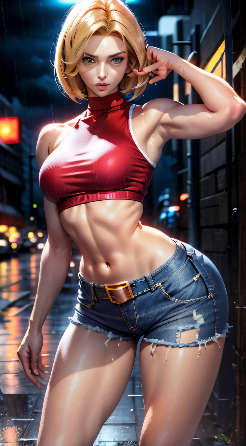 (((Masterpiece))),
((Blue Mary)) cosplay, best quality, (beauty), 20 year old girl face, pretty face, red crop top, red blouse, (((very short women's denim shorts))), Physics-based rendering, ultra highres, waist narrow, slim, big eyes, long muscular legs, (medium breasts), puffy eyes, night, (rainy city), shiny skin, facing the viewer, firm expression, realistic, woman, sexy, muscular belly, muscular arms , barefoot, standing, full body photo, perfect hands