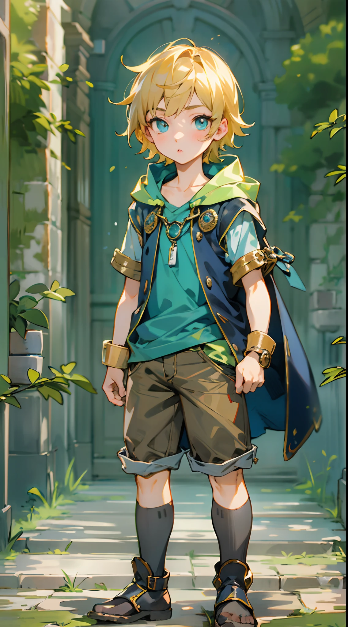 An -yeld boith golden hair, Center-parted hairstyle, a cunning gaze, a slender figure, a fantasy-realistic style blue sleeveless vest with a hood, a yellow-green undershirt, blue jeans, Within a medieval town of fantasy style, this character embodies a finely crafted child with a fantasy-realistic style in anime style, characterized by an exquisite and mature manga illustration art style, full body character drawing, high definition, best quality, highres, ultra-detailed, ultra-fine painting, extremely delicate, professional, anatomically correct, symmetrical face, extremely detailed eyes and face, high quality eyes, creativity, RAW photo, UHD, 8k, Natural light, cinematic lighting, masterpiece-anatomy-perfect, masterpiece:1.5