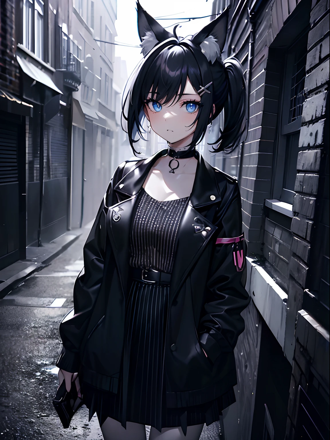 (masterpiece,best quality,ultra-detailed),1girl,dark black striped skirt,black jacket, choker,short hair,black hair,black lipstick,messy hair,messy hairstyle,uneven hair,(fox ears),beautiful eyes,in a alleyway, night,(grey theme),(pastel colors theme)
