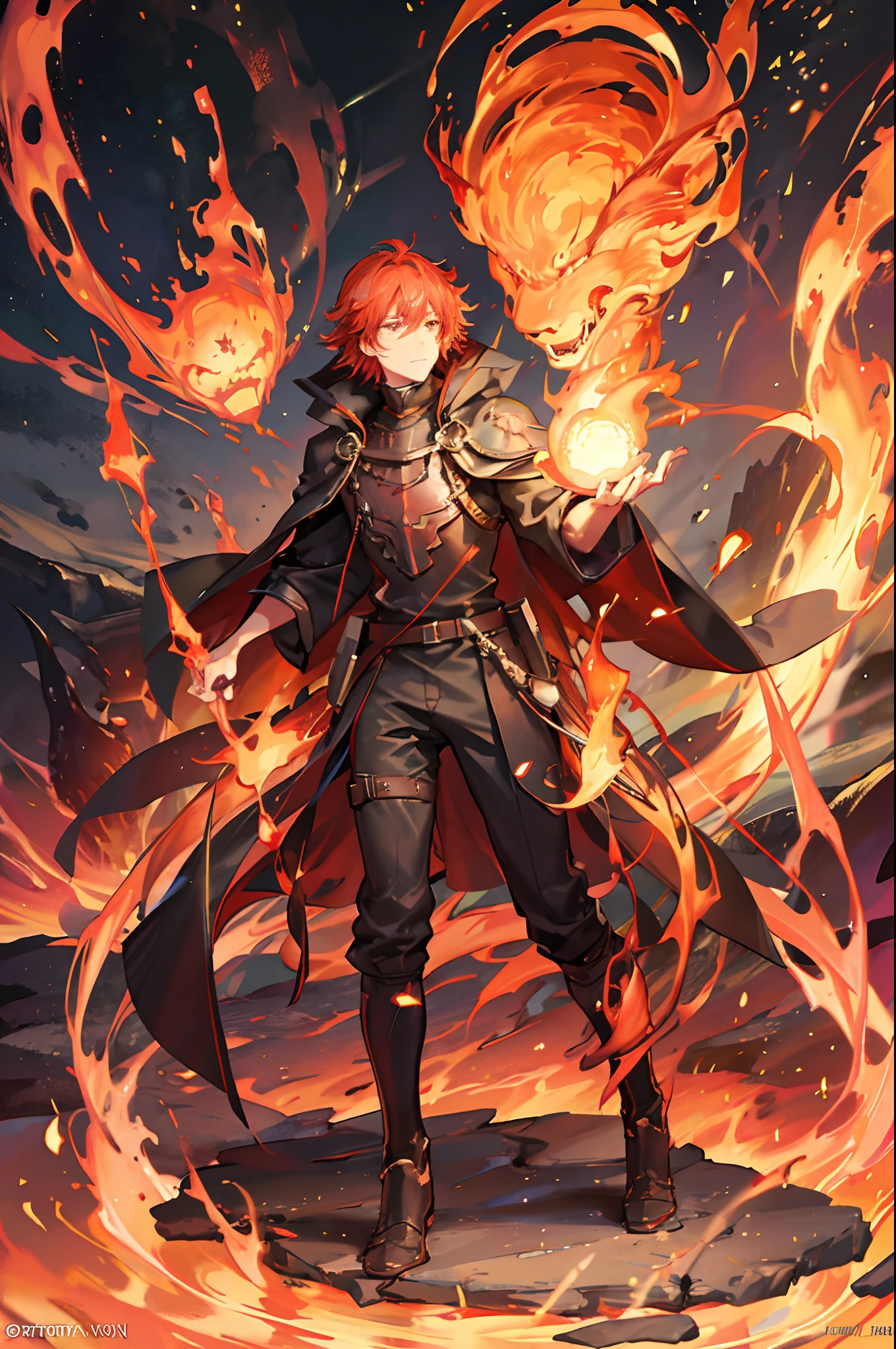 15 years old anime character with lava and flames in a room, lava mage, he is in a lava mountain, holy lava spell art, casting lava spell, thin young male , lava spell, lava with rock background, flame spell, fire behind him, badass anime 8 k, lava!! full body, portrait of a red sorcerer, hero academia, both of hands control lava, red hair, have cloak in his costume