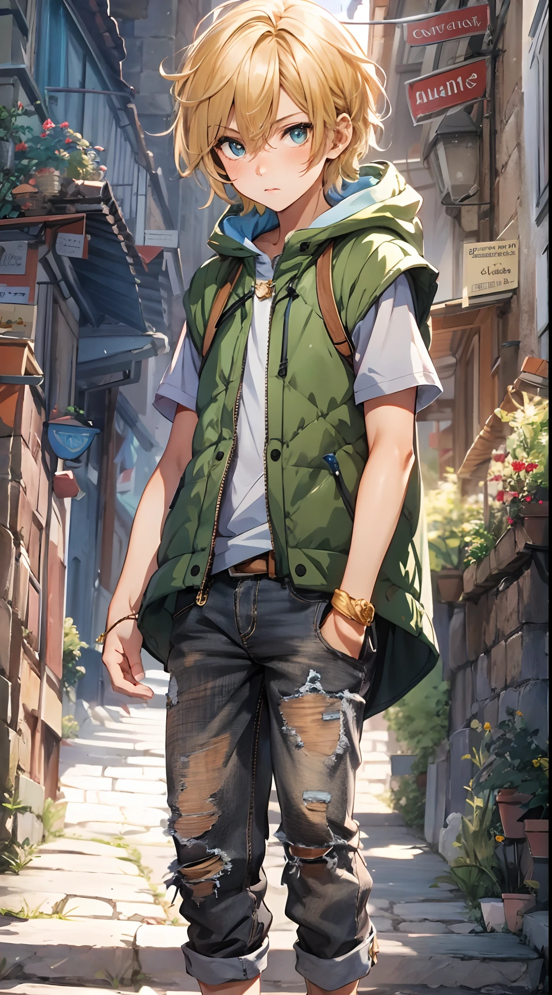 An -yeld boith golden hair, Center-parted hairstyle, a cunning gaze, a slender figure, a fantasy-realistic style blue sleeveless vest with a hood, a yellow-green undershirt, blue jeans, Within a medieval town of fantasy style, this character embodies a finely crafted child with a fantasy-realistic style in anime style, characterized by an exquisite and mature manga illustration art style, full body character drawing, high definition, best quality, highres, ultra-detailed, ultra-fine painting, extremely delicate, professional, anatomically correct, symmetrical face, extremely detailed eyes and face, high quality eyes, creativity, RAW photo, UHD, 8k, Natural light, cinematic lighting, masterpiece-anatomy-perfect, masterpiece:1.5