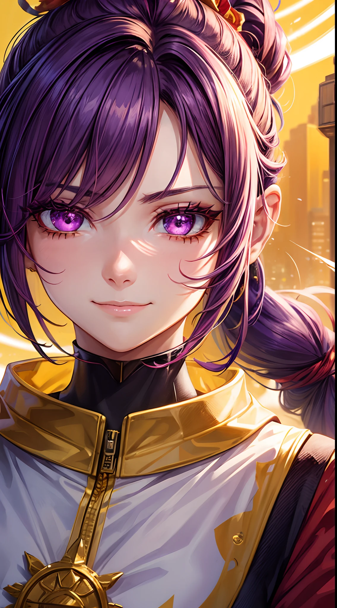 A female with purple ponytail hair, Yellow eye with thunder pupil, Wearing Flower Crown, Wearing Red vault jumpsuit, Golden City Background, Sad Emotion mood, Smile, detailed eyes, detailed face,very detailed, High Detail.