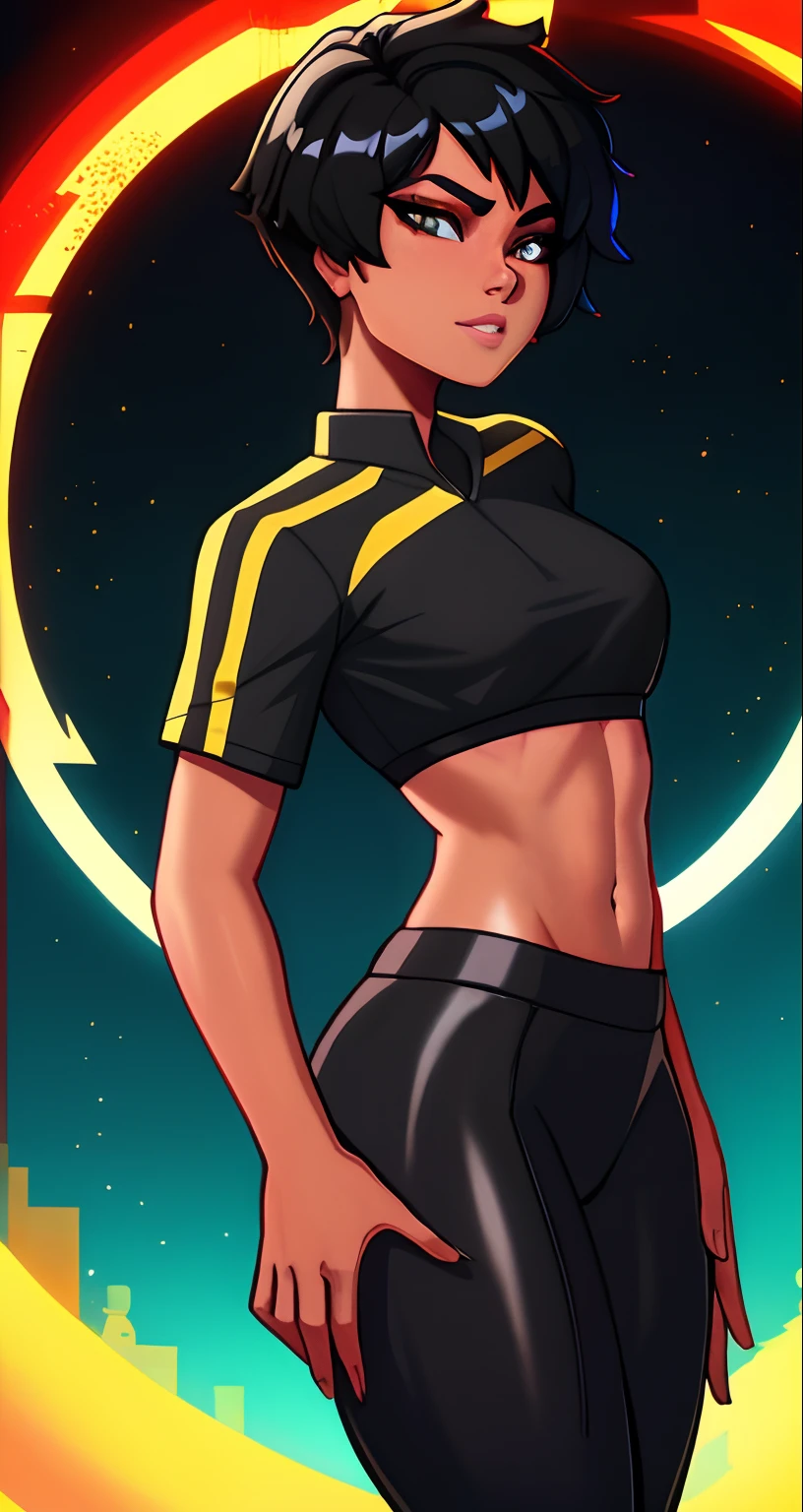 Character turnaround concept art of a muscular female teenager, dark skin, short hair, blunt bangs, black hair, athletic outfit, exposed back, stretching pose, canine ears and tail, brown eyes