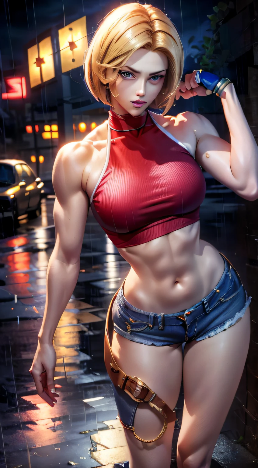 (((Masterpiece))),
((Blue Mary)) cosplay, best quality, (beauty), 20 year old girl face, pretty face, red crop top, red blouse, (((very short women's denim shorts))), Physics-based rendering, ultra highres, waist narrow, slim, big eyes, long muscular legs, (medium breasts), puffy eyes, night, (rainy city), shiny skin, facing the viewer, firm expression, realistic, woman, sexy, muscular belly, muscular arms , barefoot, standing, full body photo, perfect hands, (((very detailed and clear scenery))), (8k)