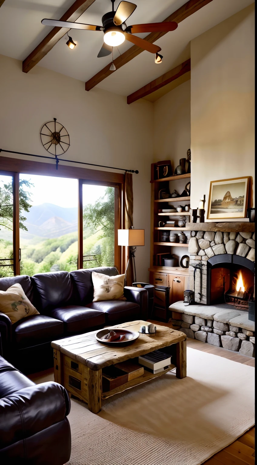 A rustic living room with stone fireplace, leather sofas, mesa de centro de madeira recuperada, Prateleiras vintage, e vigas expostas." Este vai dar-lhe um aconchegante, vibe do velho mundo. chuva